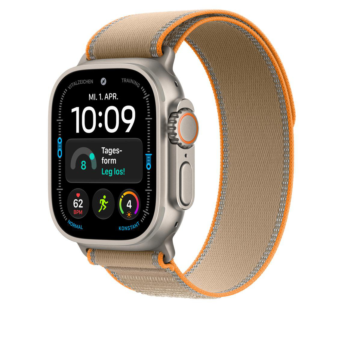 Eine Apple Watch Ultra mit beigefarbenem und orangenem Armband und digitaler Anzeige.