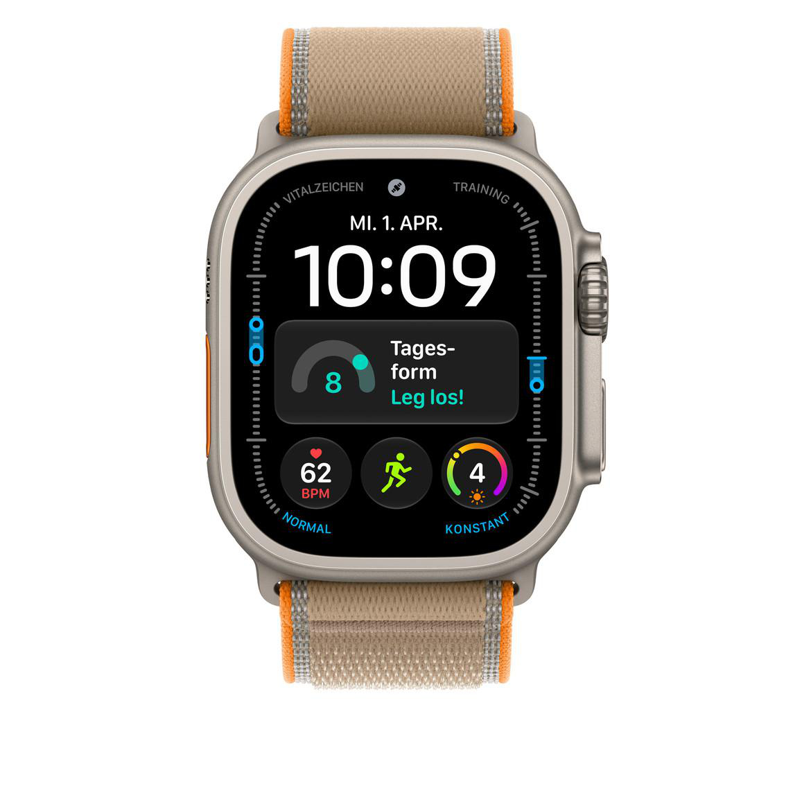 Smartwatch mit digitalem Zifferblatt, Herzfrequenzanzeige und orangefarbenem Stoffarmband.