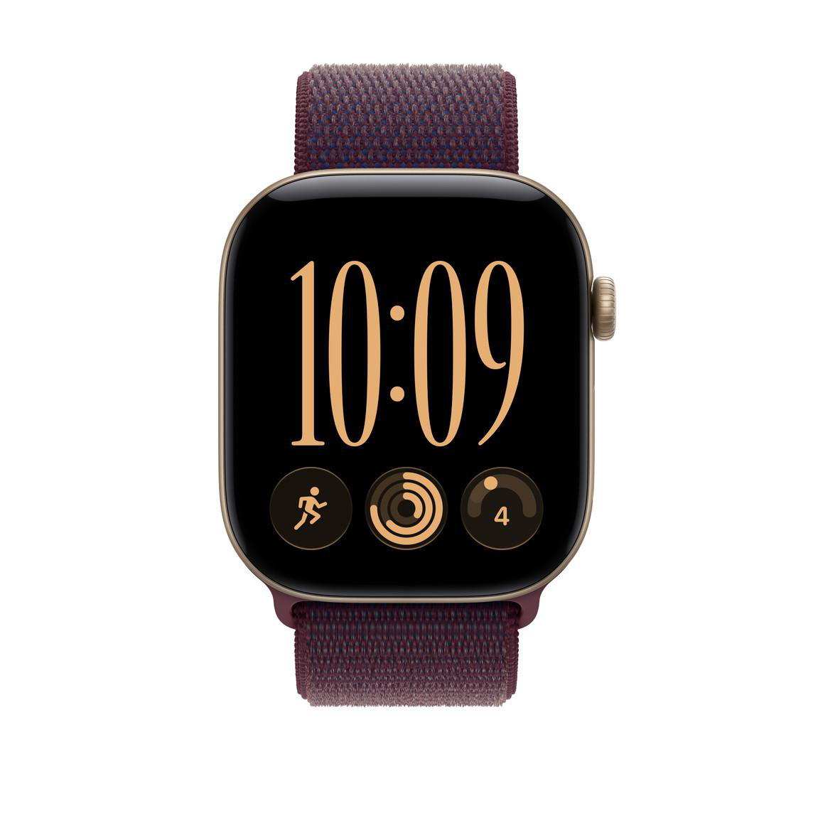 Eine Smartwatch mit braunem Stoffarmband und digitaler Anzeige, die 10:09 Uhr und Aktivitätssymbole zeigt.