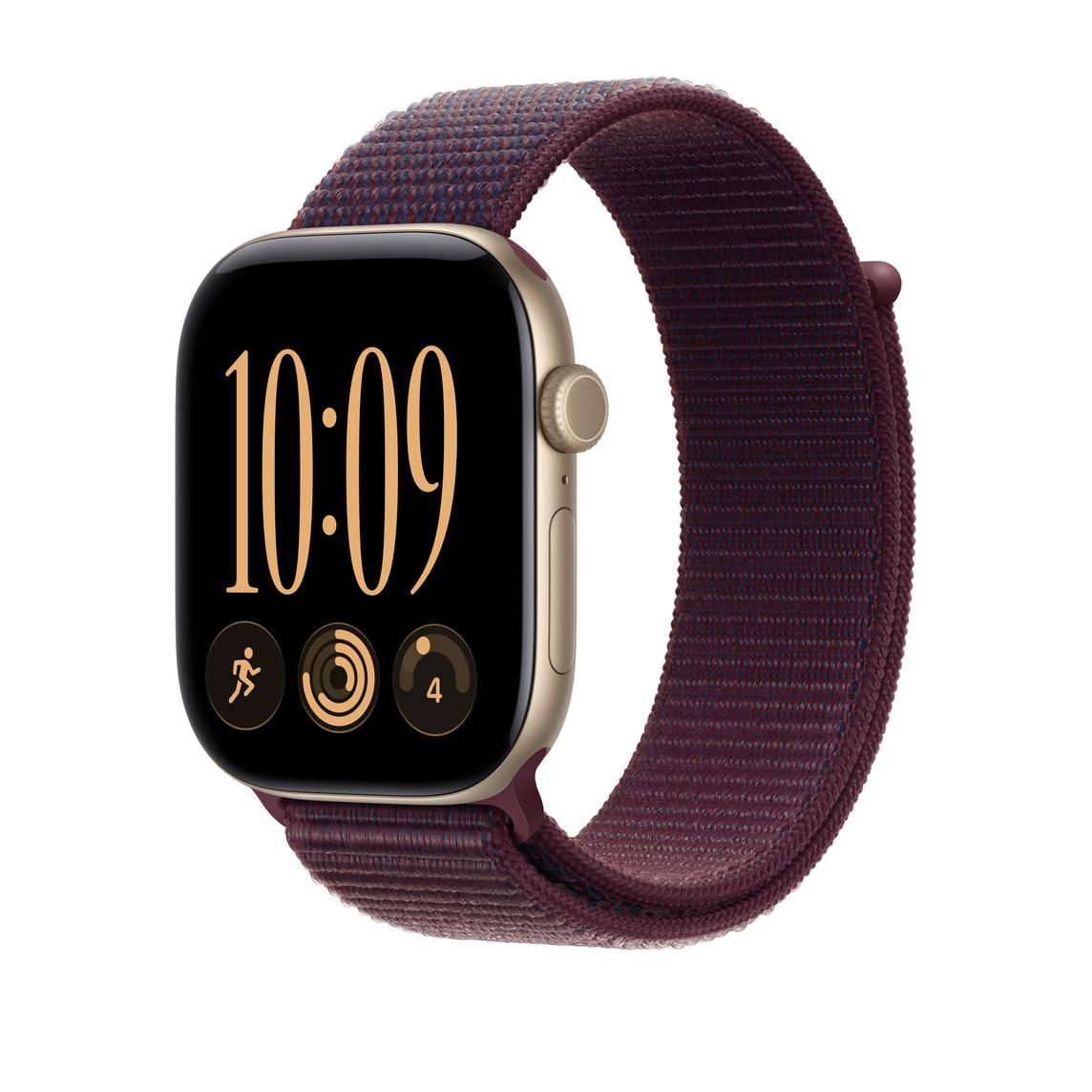 Eine goldene Smartwatch mit dunklem Display zeigt 10:09 und drei Symbole, an einem strukturierten dunklen Stoffarmband.