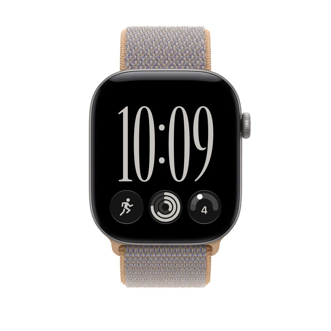 Eine Smartwatch mit beige gewebtem Armband und digitaler Anzeige, die 10:09 und drei Symbole zeigt.