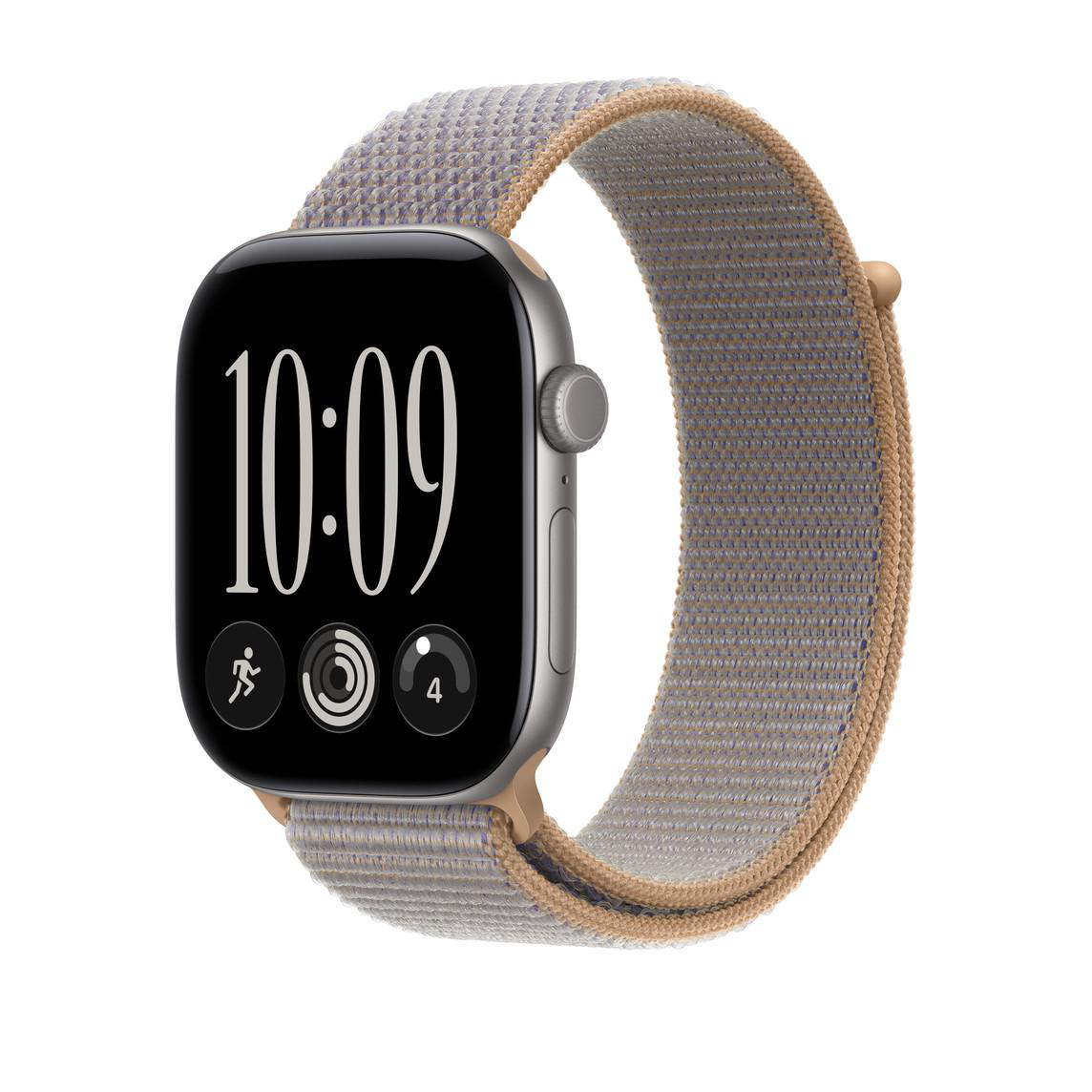 Eine silberne Smartwatch mit braun-violettem Nylonarmband und schwarzem Display vor weißem Hintergrund.