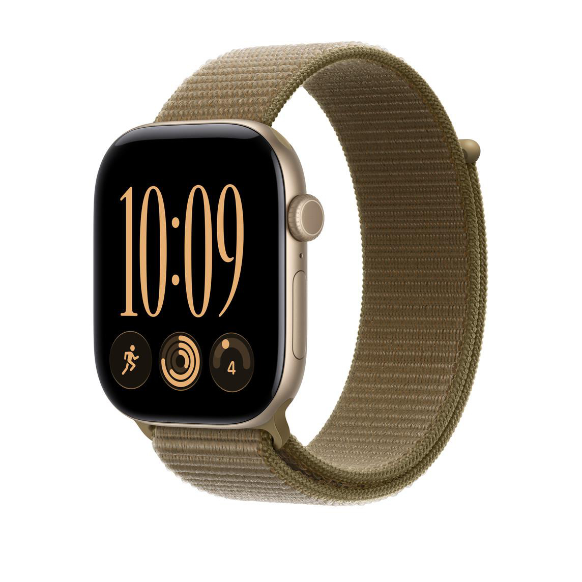 Goldfarbene Smartwatch mit olivgrünem Textilarmband und digitaler Zeitanzeige 10:09 auf schwarzem Hintergrund.