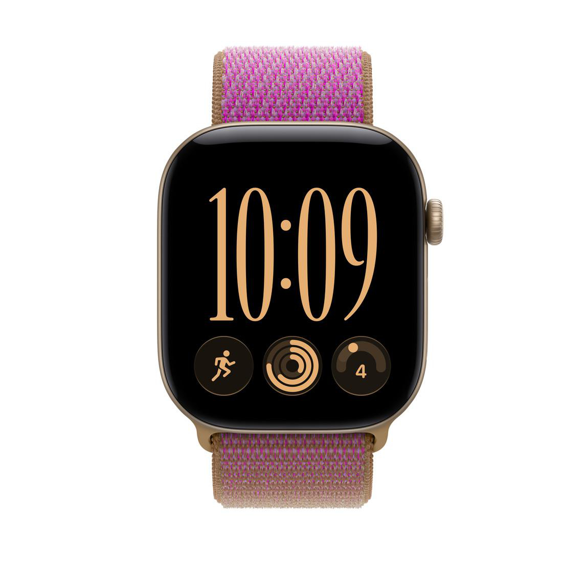 Eine Smartwatch mit braun-pinkem Textilarmband zeigt auf dem schwarzen Display die Uhrzeit 10:09 und drei Symbole.