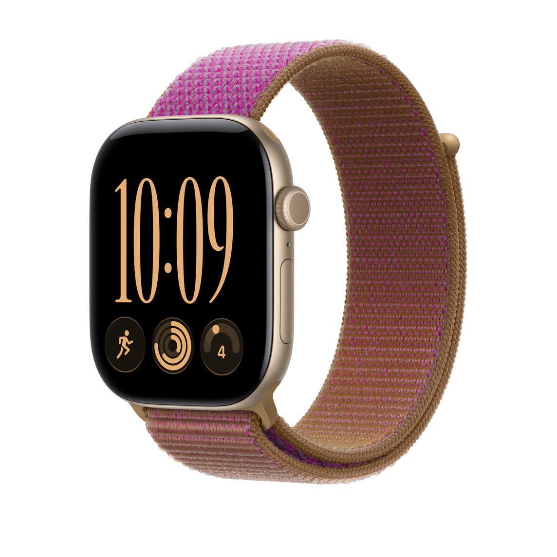Eine Smartwatch mit Goldgehäuse und rosafarben-braunem Armband zeigt 10:09 Uhr und drei Symbole an.