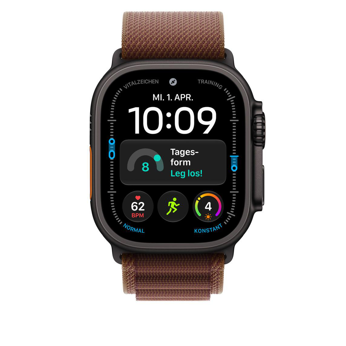 Eine schwarze Smartwatch mit braunem Stoffarmband und digitalem Zifferblatt, das Uhrzeit und Gesundheitsdaten anzeigt.
