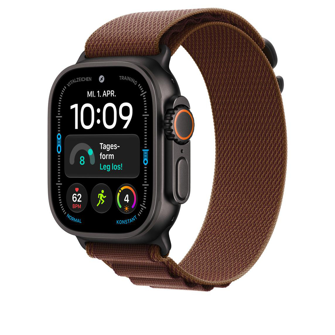Schwarze Smartwatch mit braunem Stoffarmband und digitaler Zifferblattanzeige.