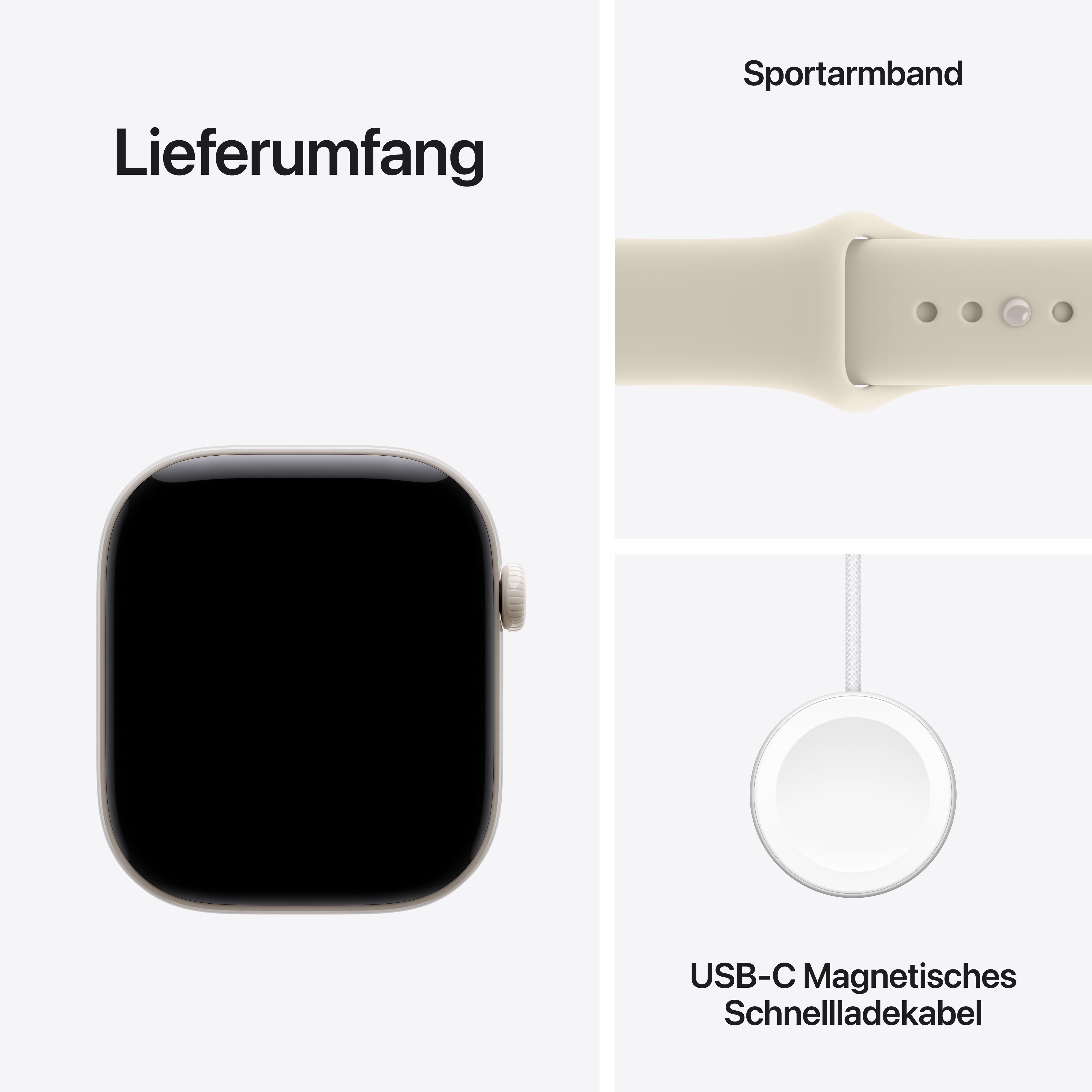 Lieferumfang einer Smartwatch mit Sportarmband und USB-C Magnetischem Schnellladekabel.