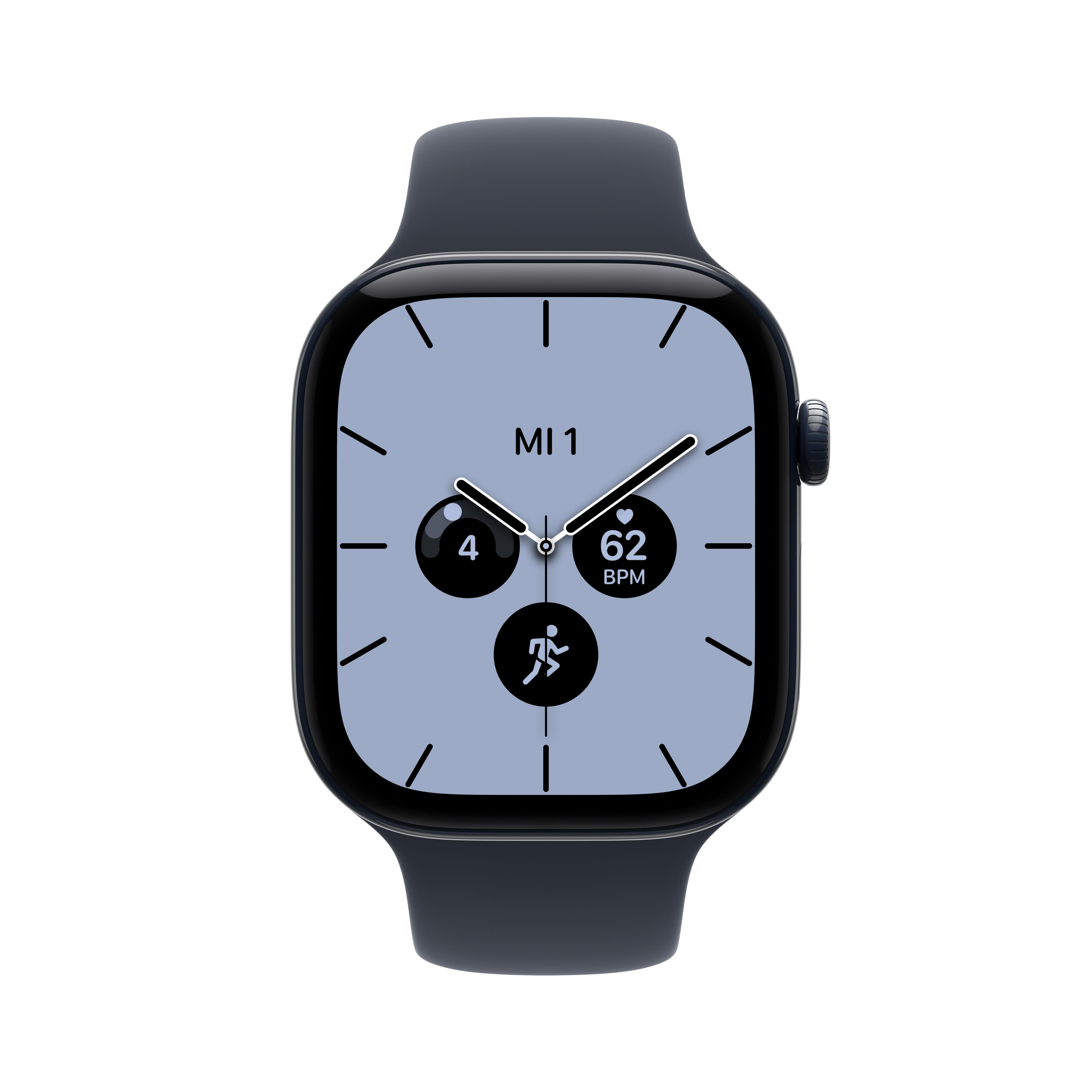 Eine schwarze Smartwatch mit grauem Zifferblatt, weißen Zeigern und kleinen runden Komplikationen gegen weißem Hintergrund.