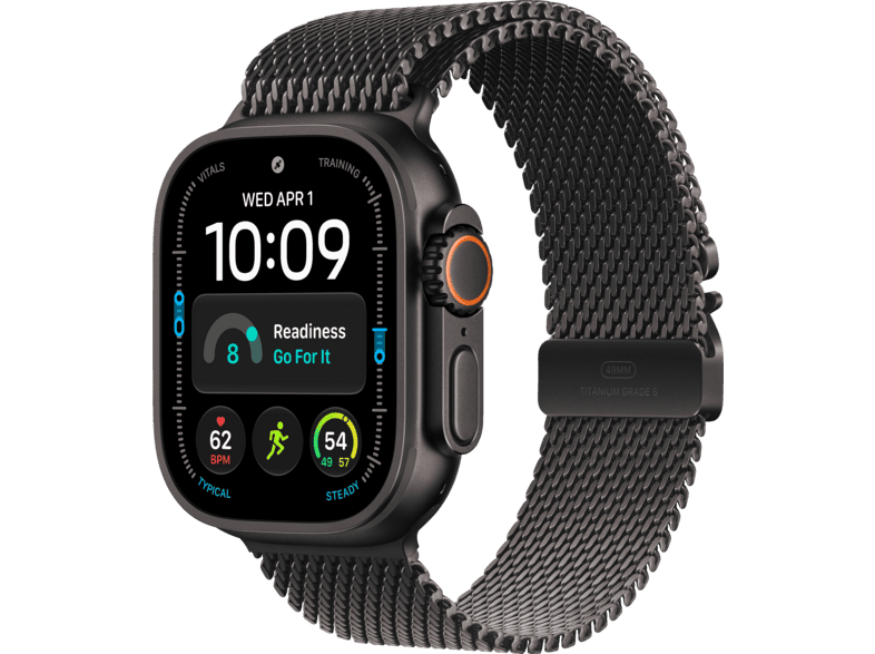 APPLE Watch Ultra 4 (GPS + Cellular) 49 mm Smartwatch Titan, Klasse 5, 155 - 185 (M), Black Titanium Case/Black Milanese Loop