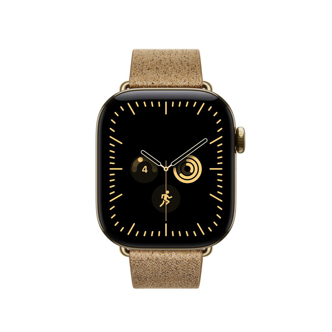 Eine goldene Smartwatch mit schwarzem Zifferblatt und beigem Stoffarmband vor weißem Hintergrund.