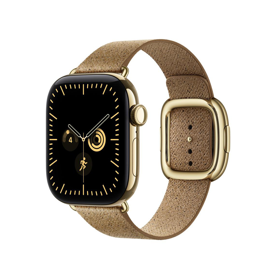 Eine goldene Smartwatch mit einem strukturierten, braunen Lederarmband vor einem weißen Hintergrund.