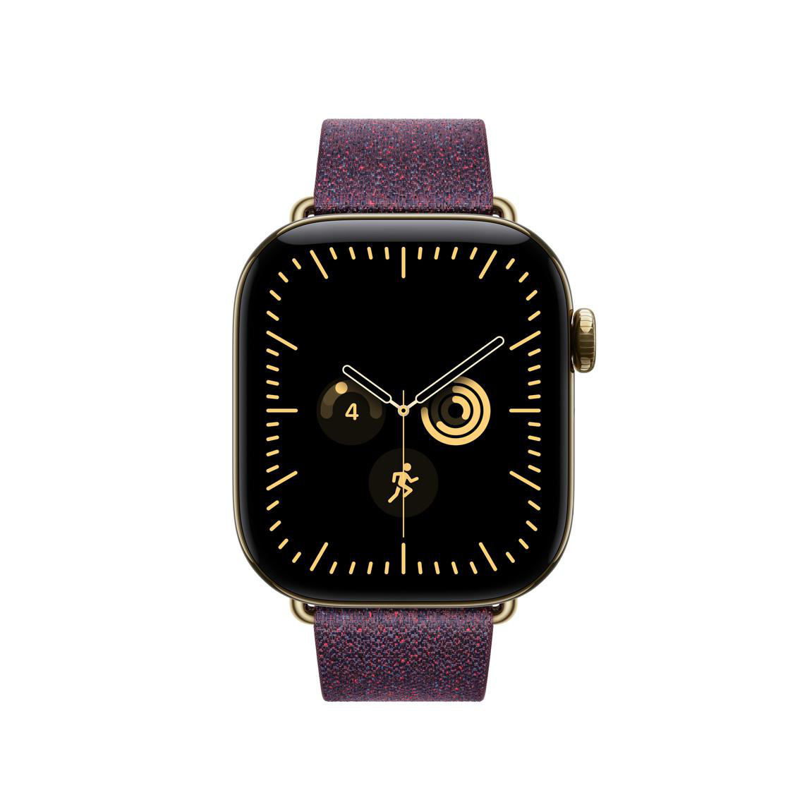 Eine smarte Uhr mit goldenem Gehäuse, schwarzem Zifferblatt mit Aktivitäts-Icons und einem violetten Stoffarmband.