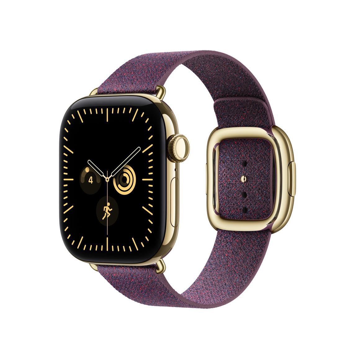 Goldfarbene Smartwatch mit dunklem Zifferblatt und strukturiertem, dunkelrotem Textilarmband.
