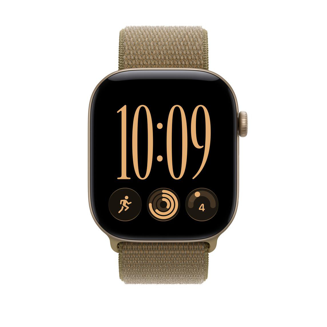Eine Smartwatch mit olivgrünem Textilarmband zeigt digital die Uhrzeit 10:09 und Aktivitäts-Symbole auf dem Display.
