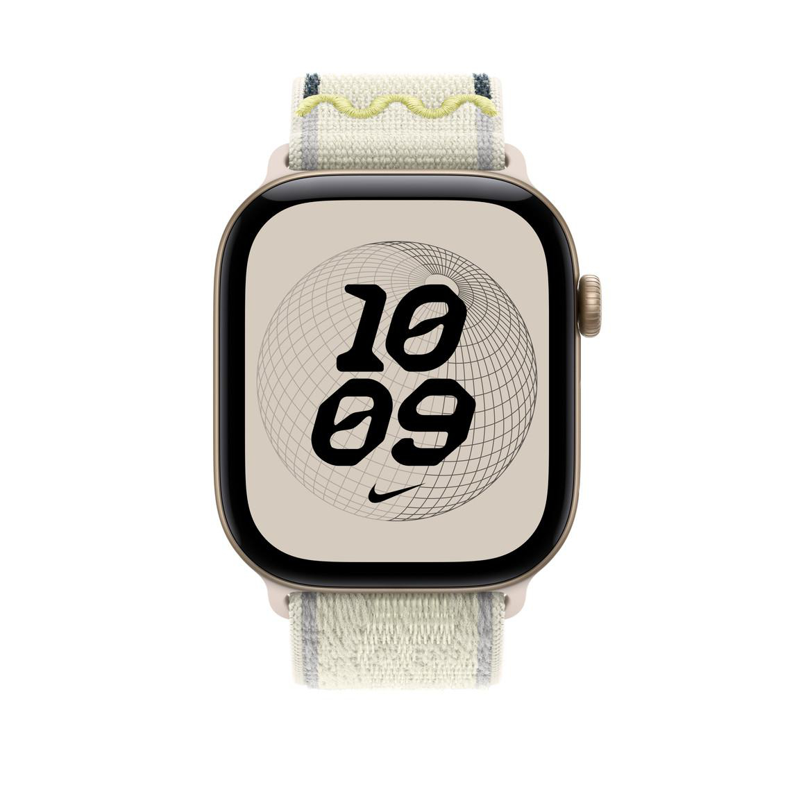 Eine Smartwatch mit beige Gehäuse und Stoffarmband zeigt 10:09 Uhr und ein Gitterkugel-Hintergrundbild.