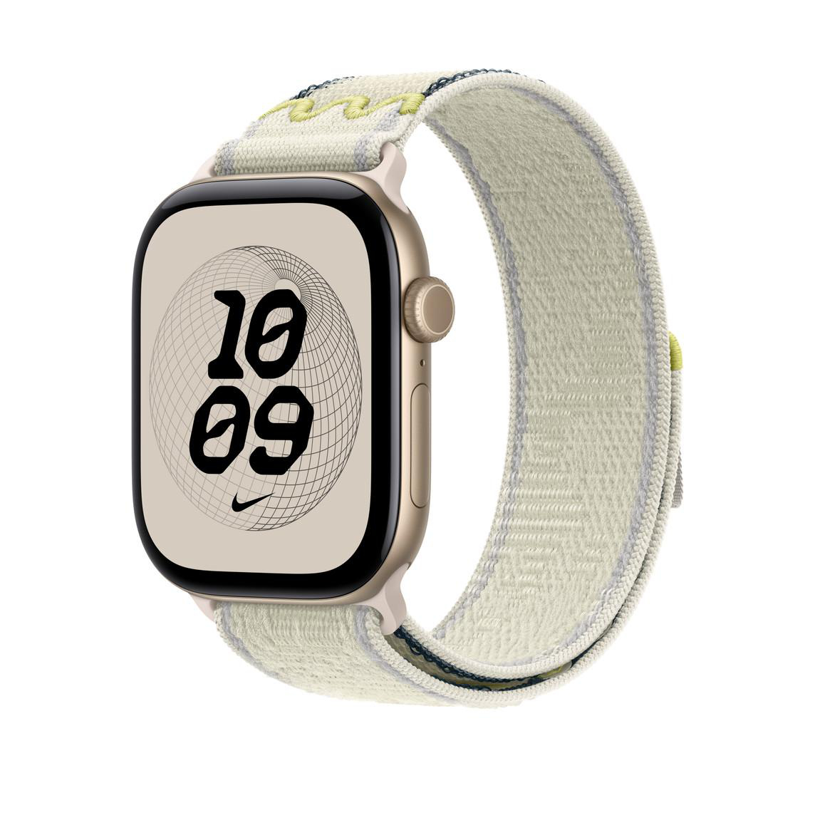 Eine Smartwatch mit hellem Stoffarmband zeigt die Uhrzeit 10:09 auf einem runden Gitterdesign-Zifferblatt.