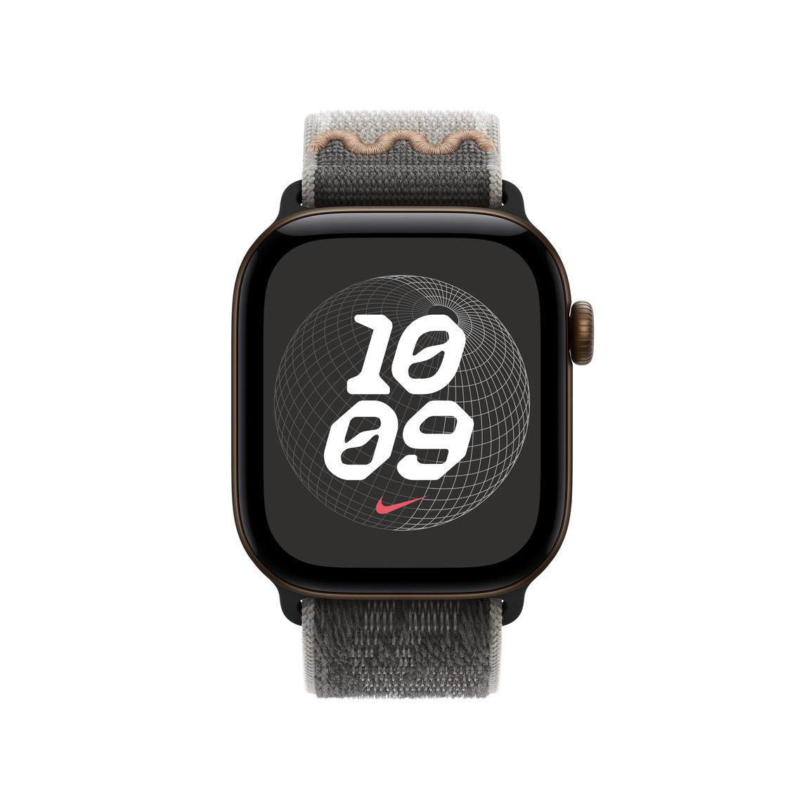 Eine Smartwatch mit grauem Stoffarmband und digitalem Zifferblatt, das 10:09 anzeigt.