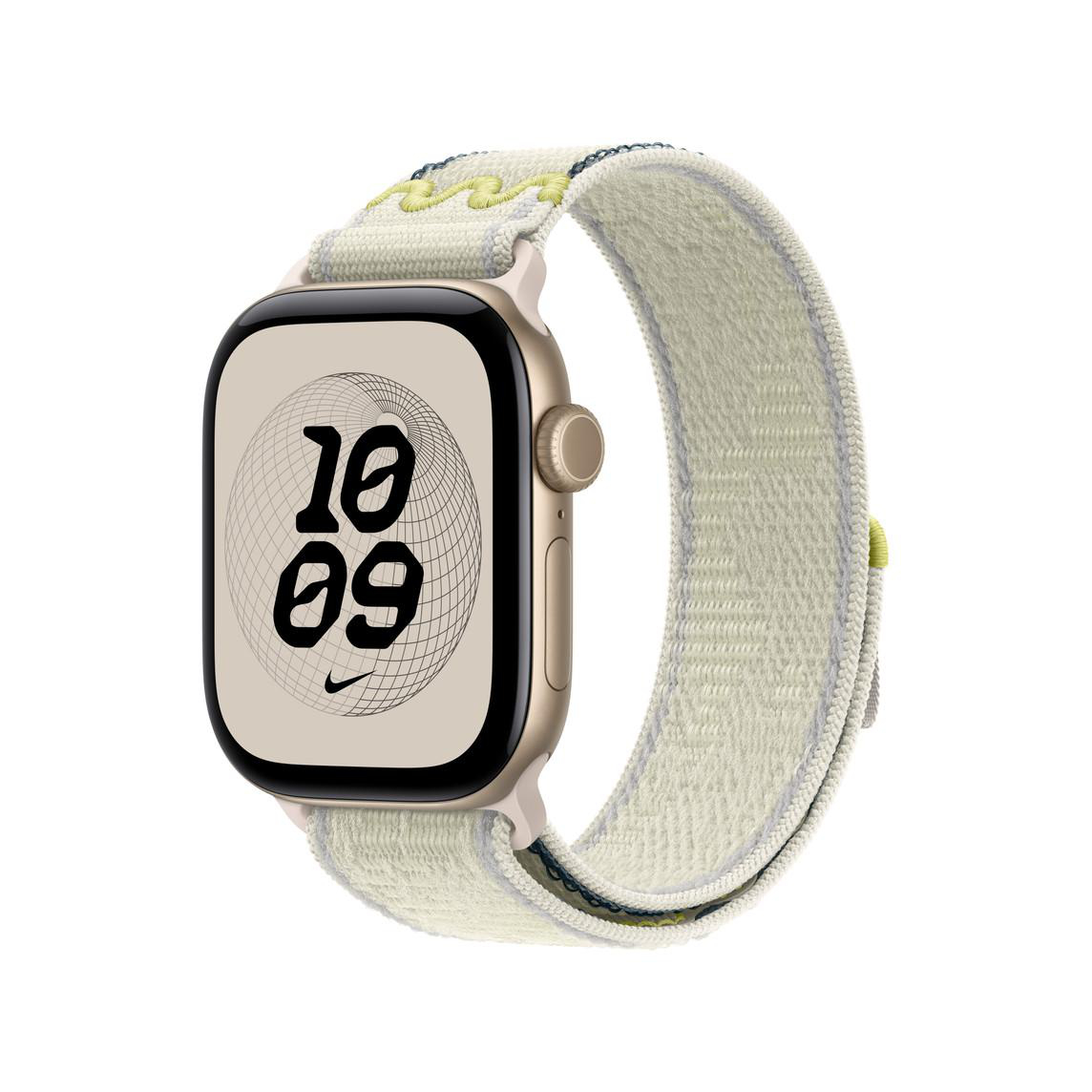Goldfarbene Smartwatch mit hellem Textilarmband, Digitaldisplay mit der Zeit 10:09 und Nike-Logo.