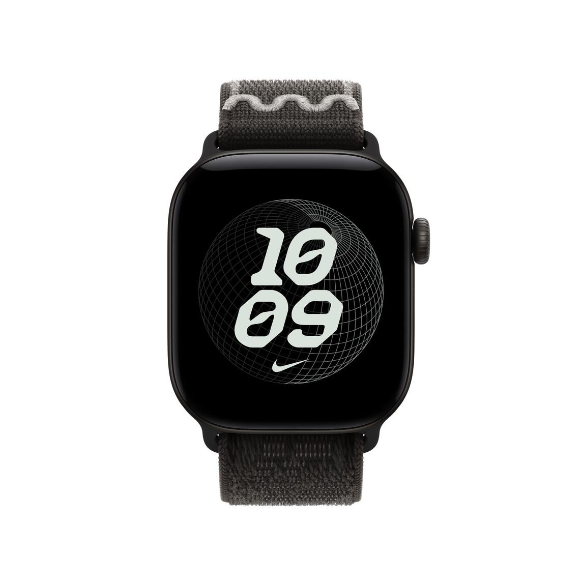 Schwarze Smartwatch mit grauem Stoffarmband und digitaler Zifferblatt-Anzeige 10:09.