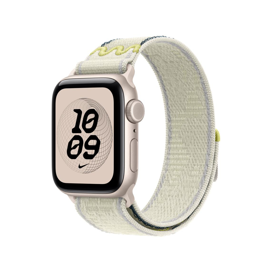 Eine Apple Watch mit beige-grauem Gehäuse und einem hellen Stoffarmband mit gelben Akzenten auf weißem Hintergrund.