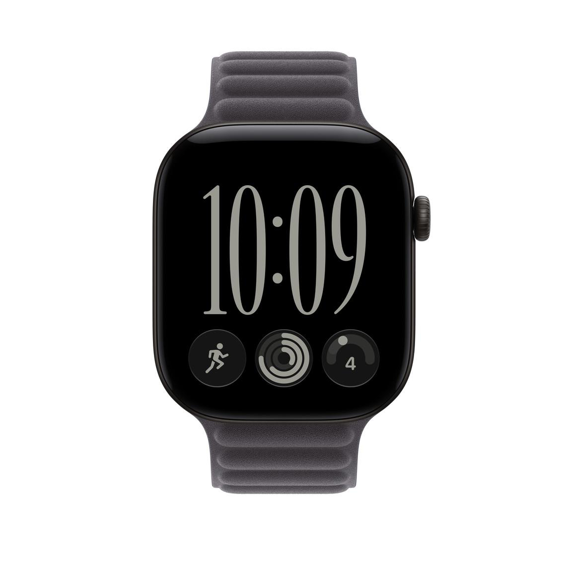 Eine schwarze Smartwatch mit grauem Silikonarmband zeigt die Uhrzeit 10:09 auf dem Display.