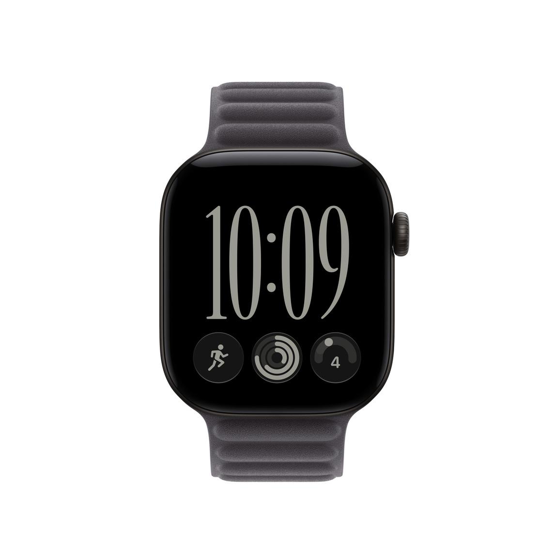 Eine schwarze Smartwatch mit geriffeltem dunkelgrauen Armband zeigt die Uhrzeit 10:09 und drei kleine App-Symbole.