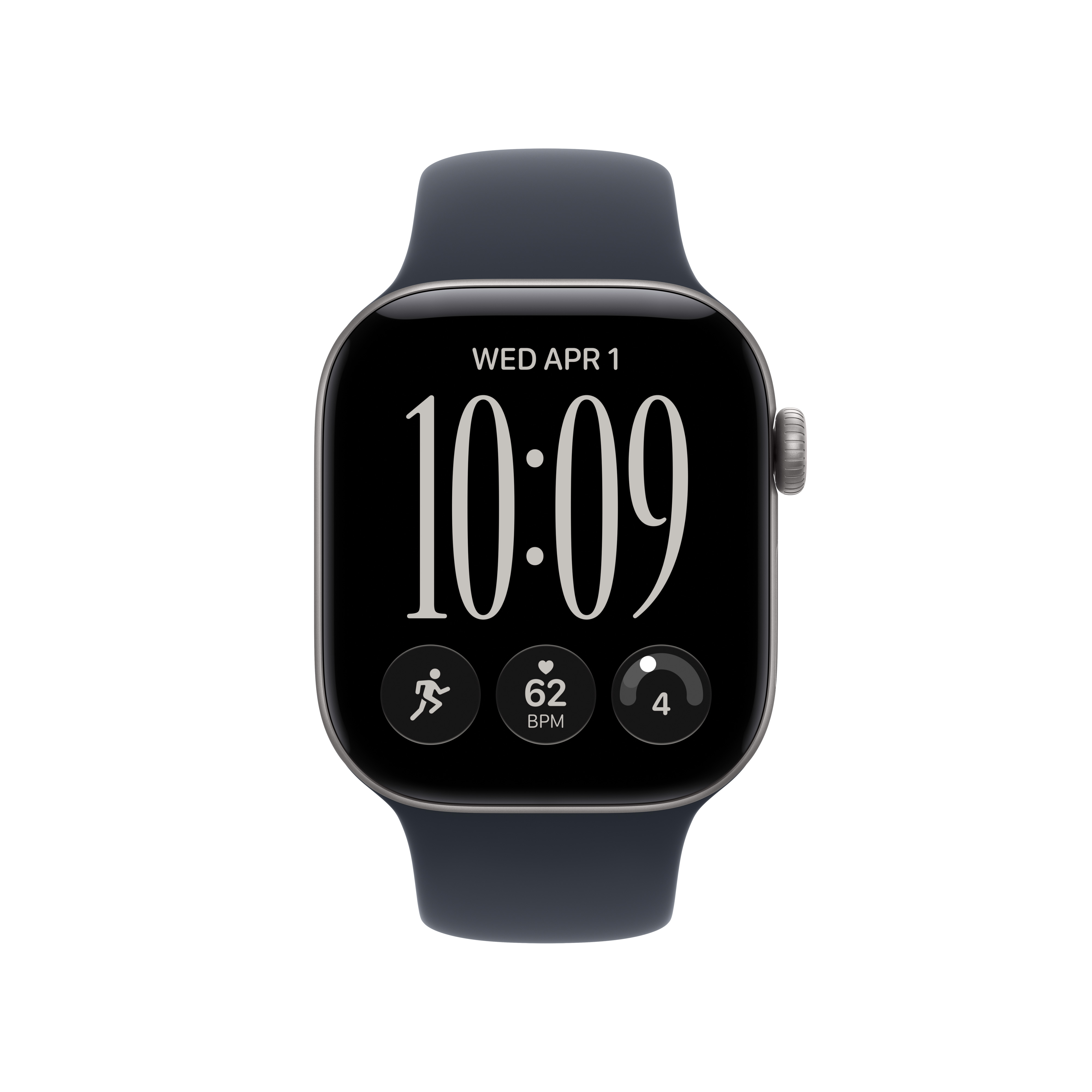 Eine schwarze Smartwatch mit digitalem Zifferblatt, das das Datum, die Uhrzeit und Aktivitätsdaten anzeigt.