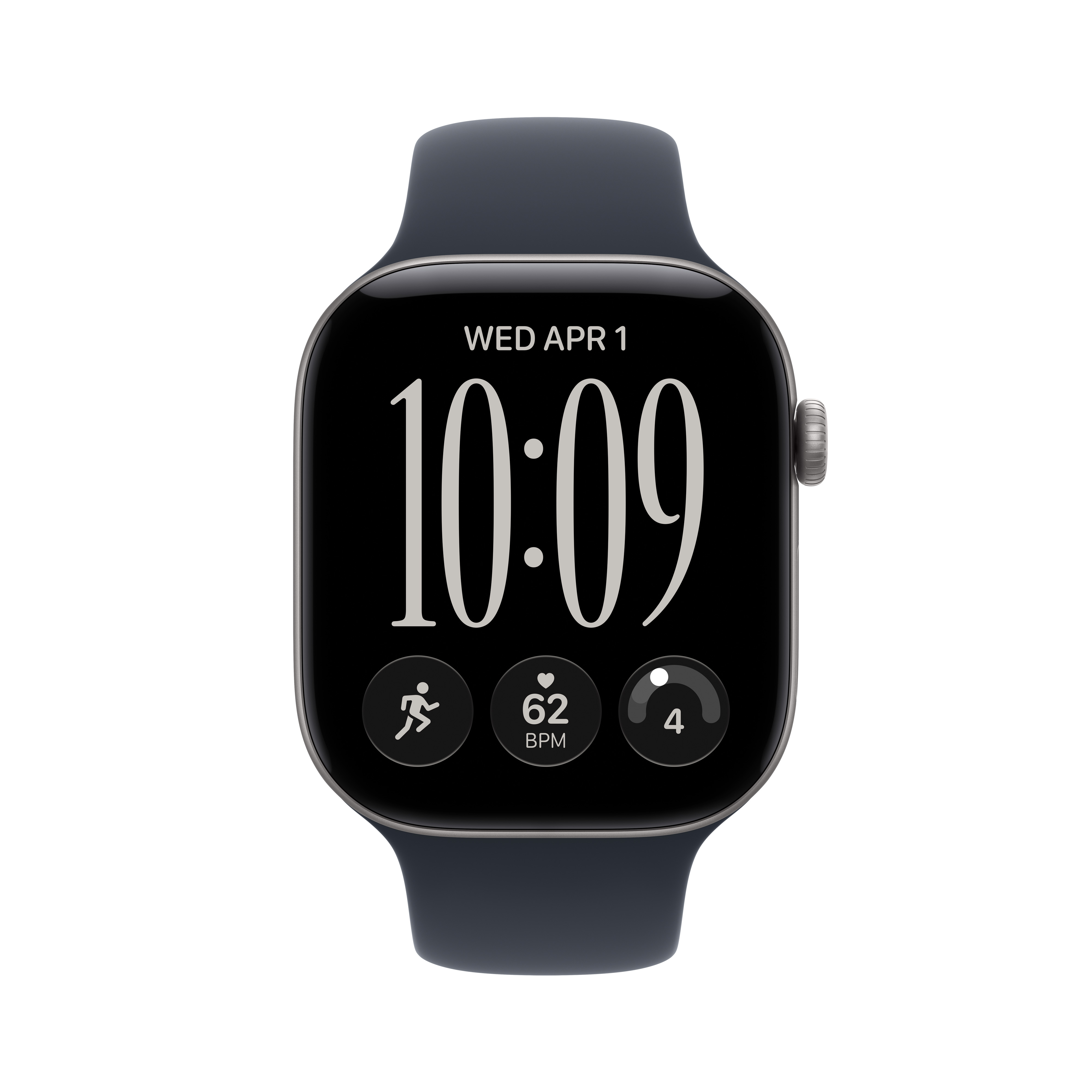 Eine schwarze Smartwatch mit digitalem Zifferblatt zeigt Datum, Uhrzeit, Puls und Fitnessdaten auf weißem Hintergrund.