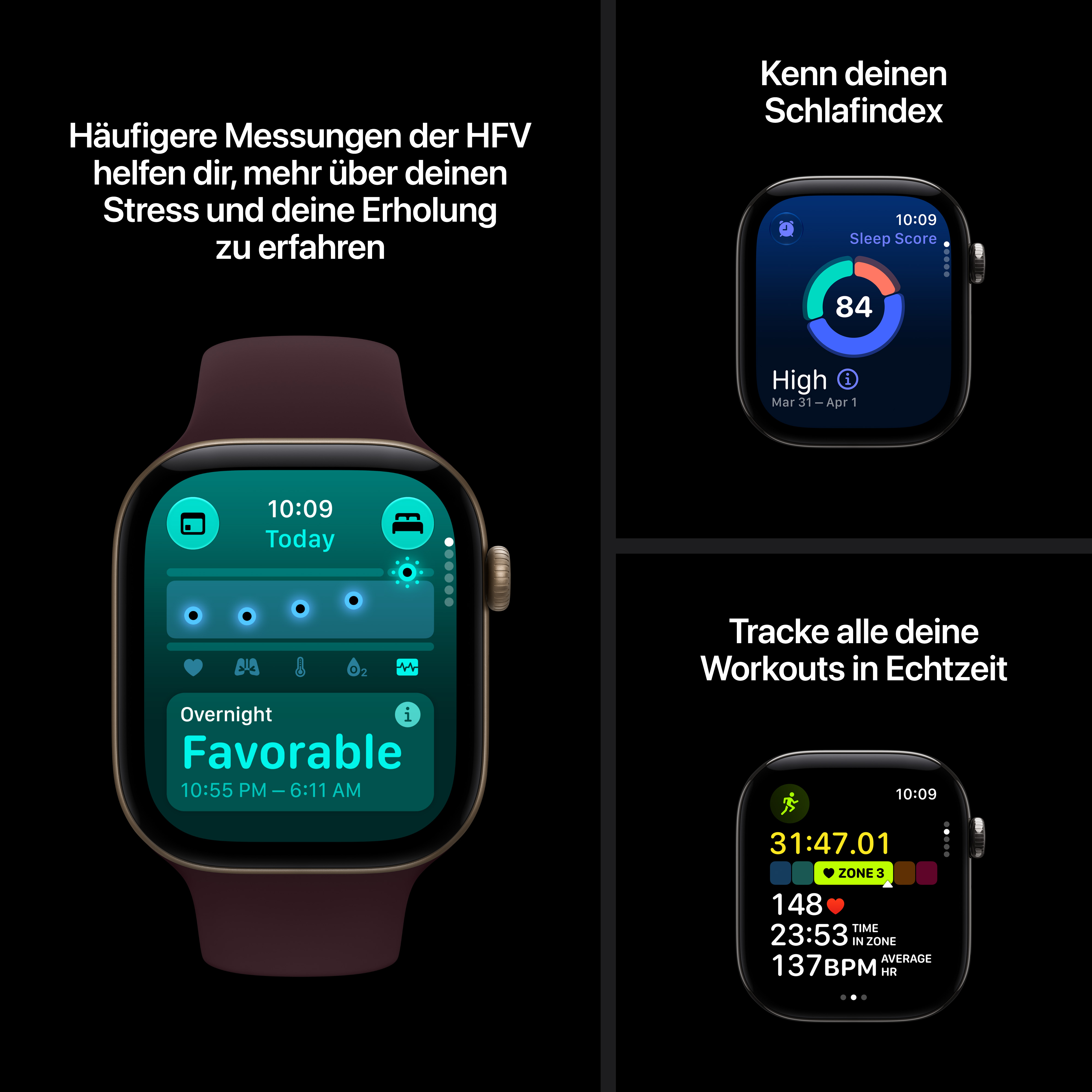 Smartwatch-Bildschirme zeigen HRV-Messungen, Schlafindex und Workout-Tracking an.