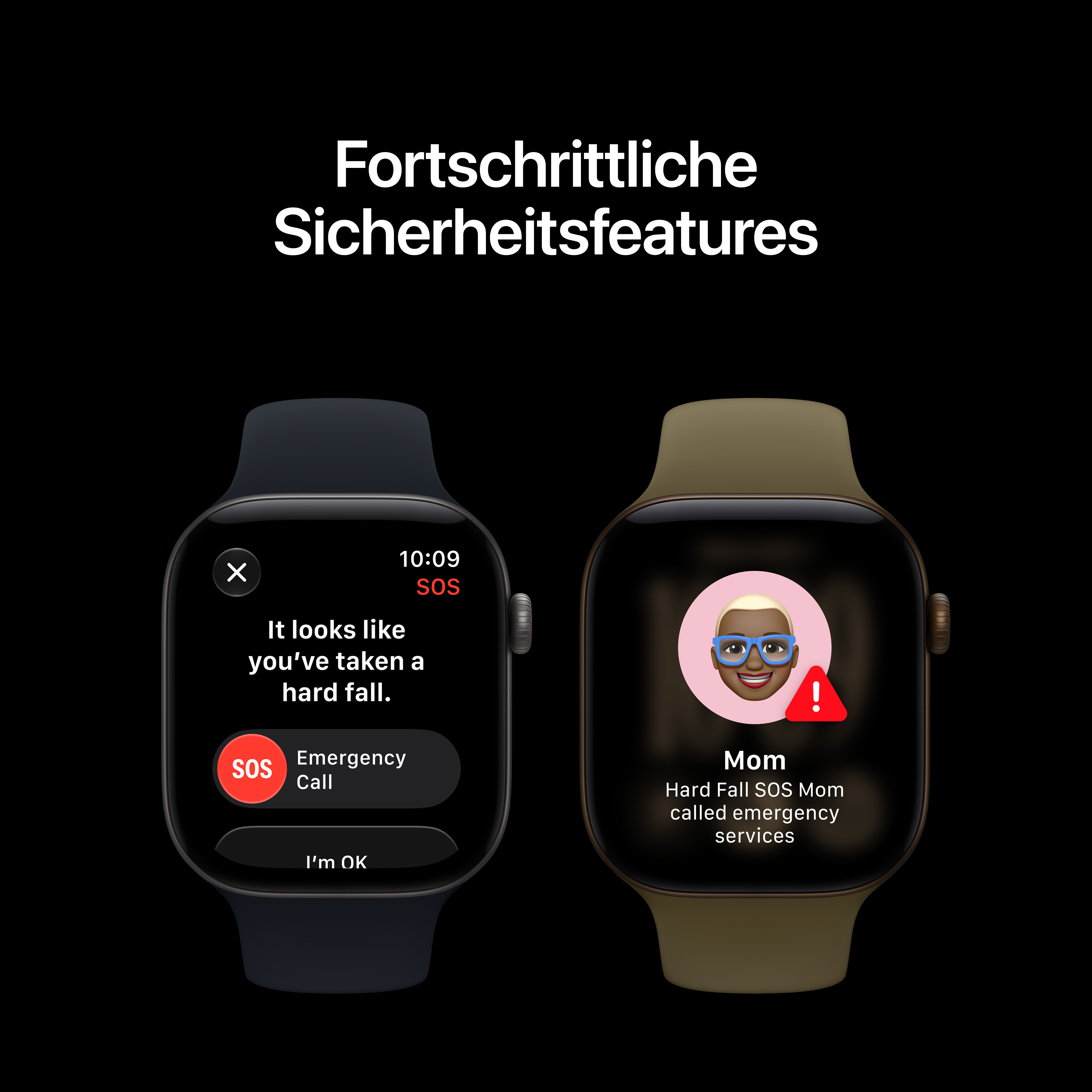 Zwei Smartwatches zeigen Sicherheitsfunktionen mit Sturzerkennung und Notruf.
