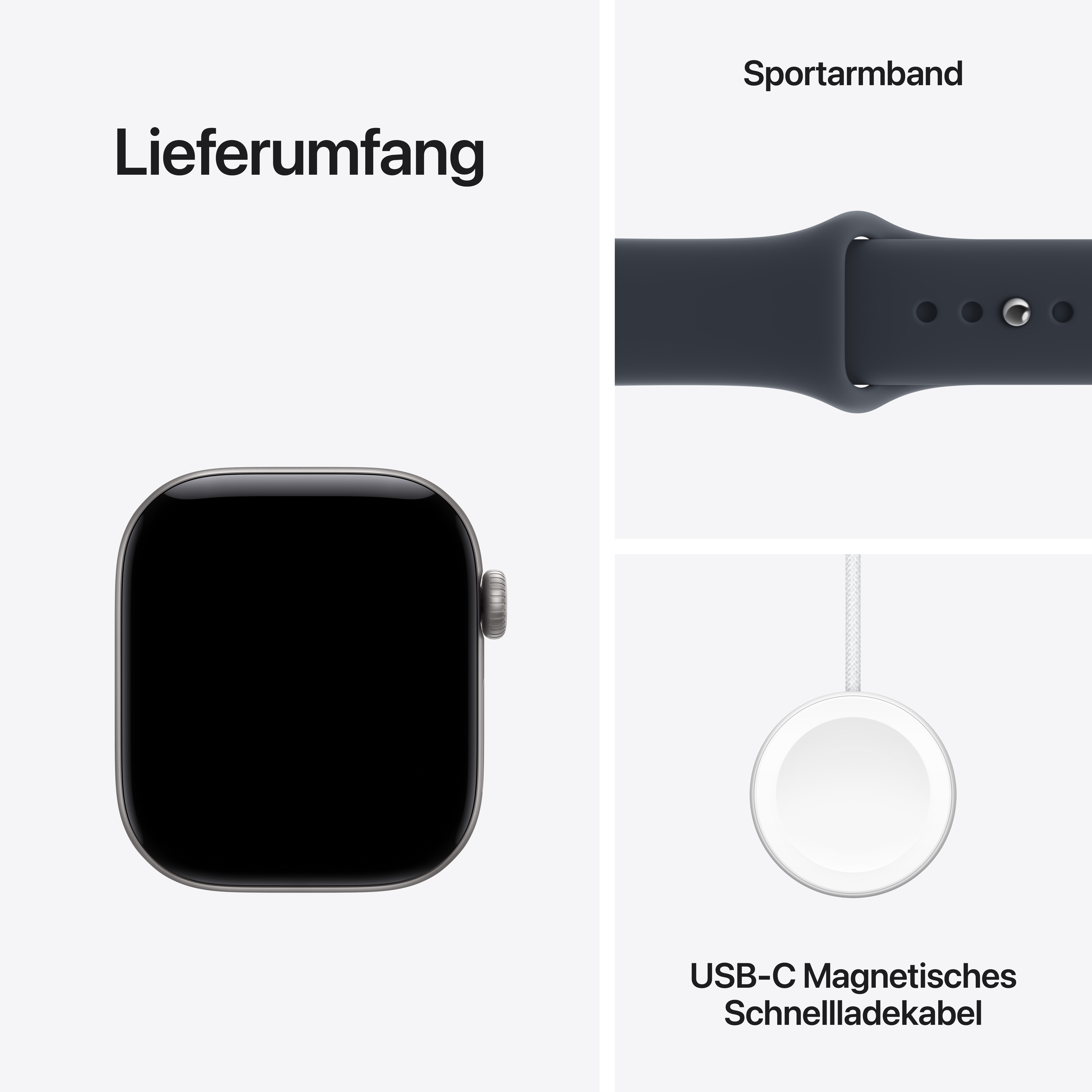 Lieferumfang: Apple Watch, Sportarmband und USB-C Magnetisches Schnellladekabel.