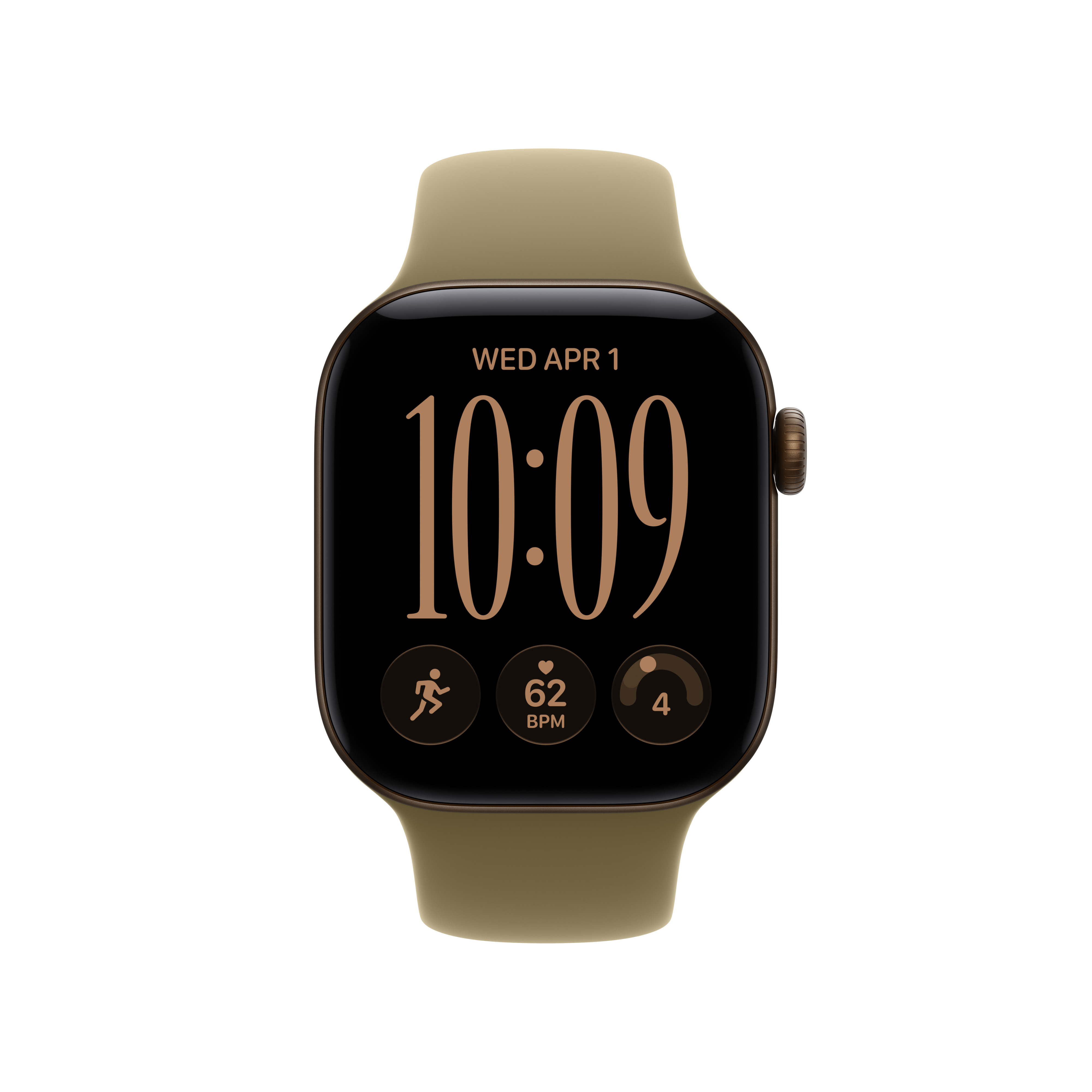 Eine Smartwatch mit braunem Gehäuse, olivgrünem Armband und digitalem Zifferblatt auf weißem Hintergrund.