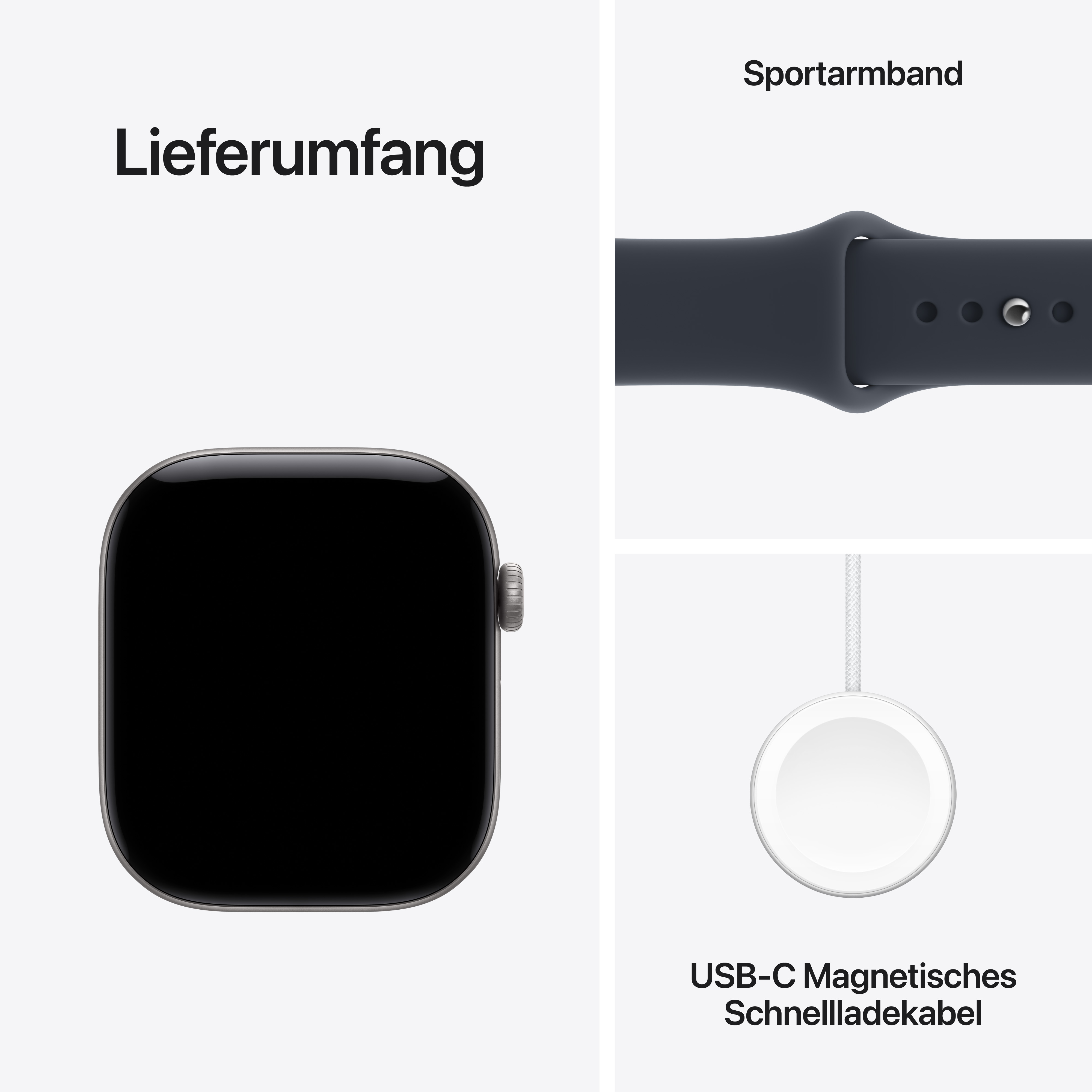 Das Bild zeigt eine Apple Watch, ein Sportarmband und ein USB-C magnetisches Schnellladekabel.