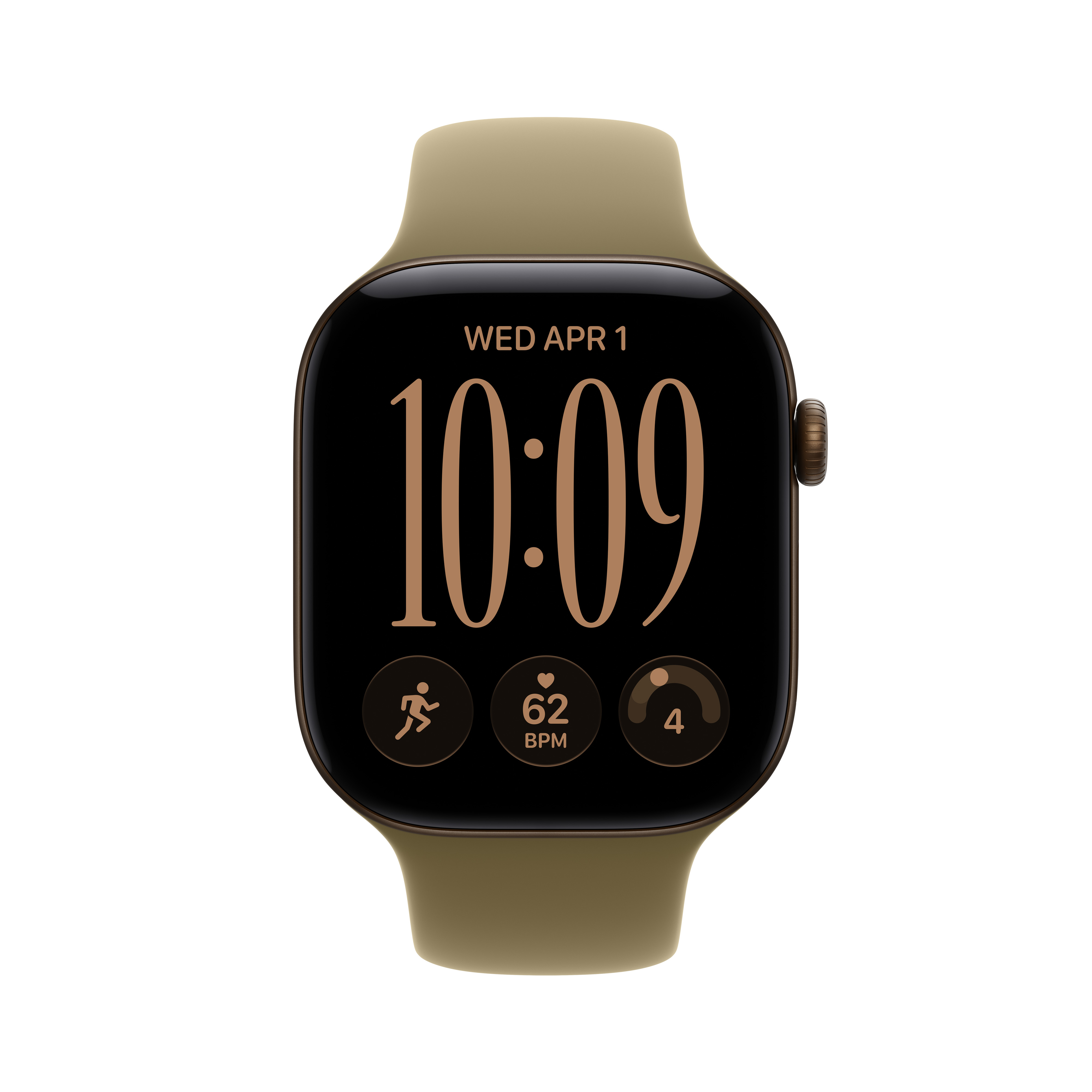 Eine olivgrüne Smartwatch zeigt die Zeit 10:09, das Datum Mittwoch, 1. April, und Fitnessdaten auf dem Bildschirm.