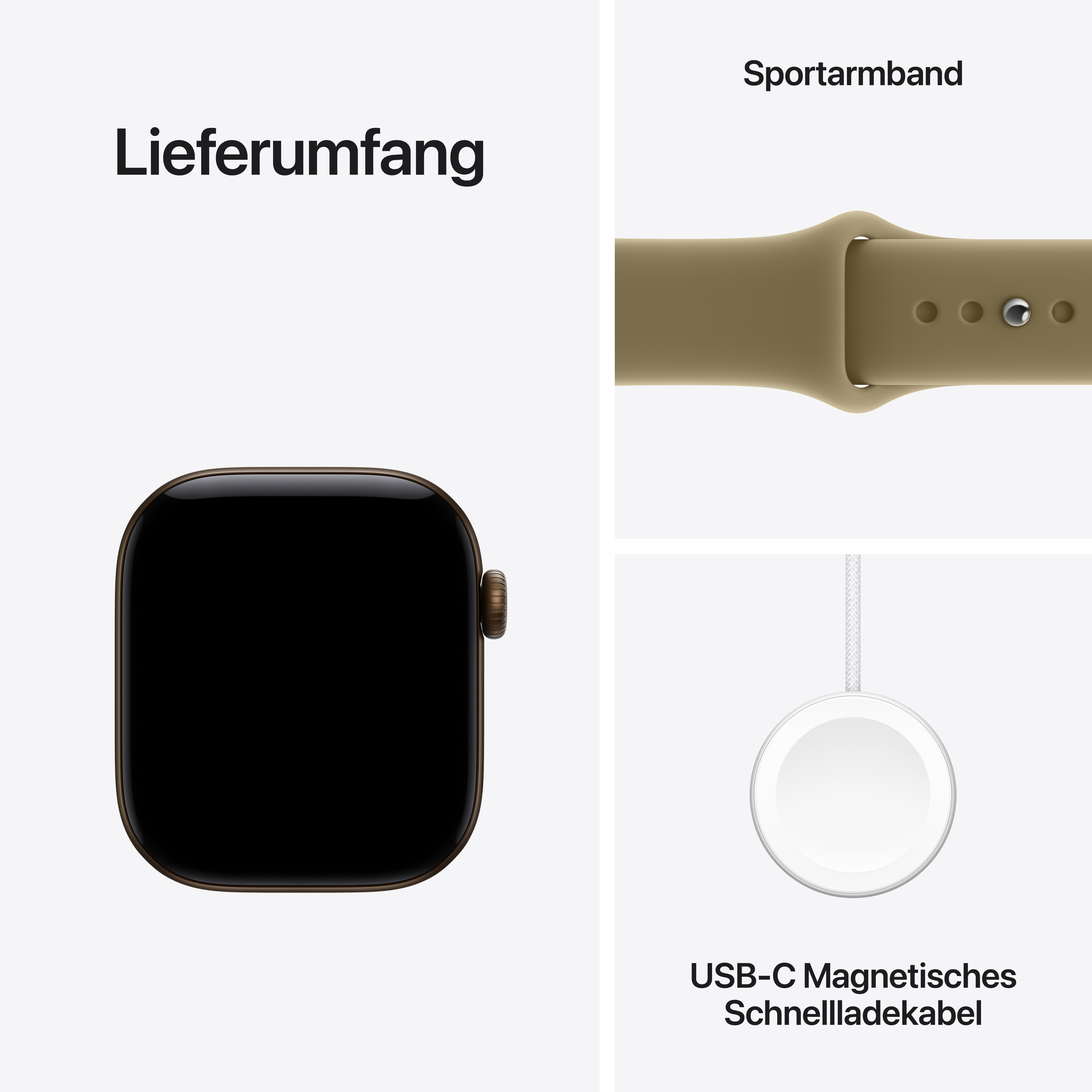 Lieferumfang mit brauner Smartwatch, Sportarmband und USB-C Magnetischem Schnellladekabel.