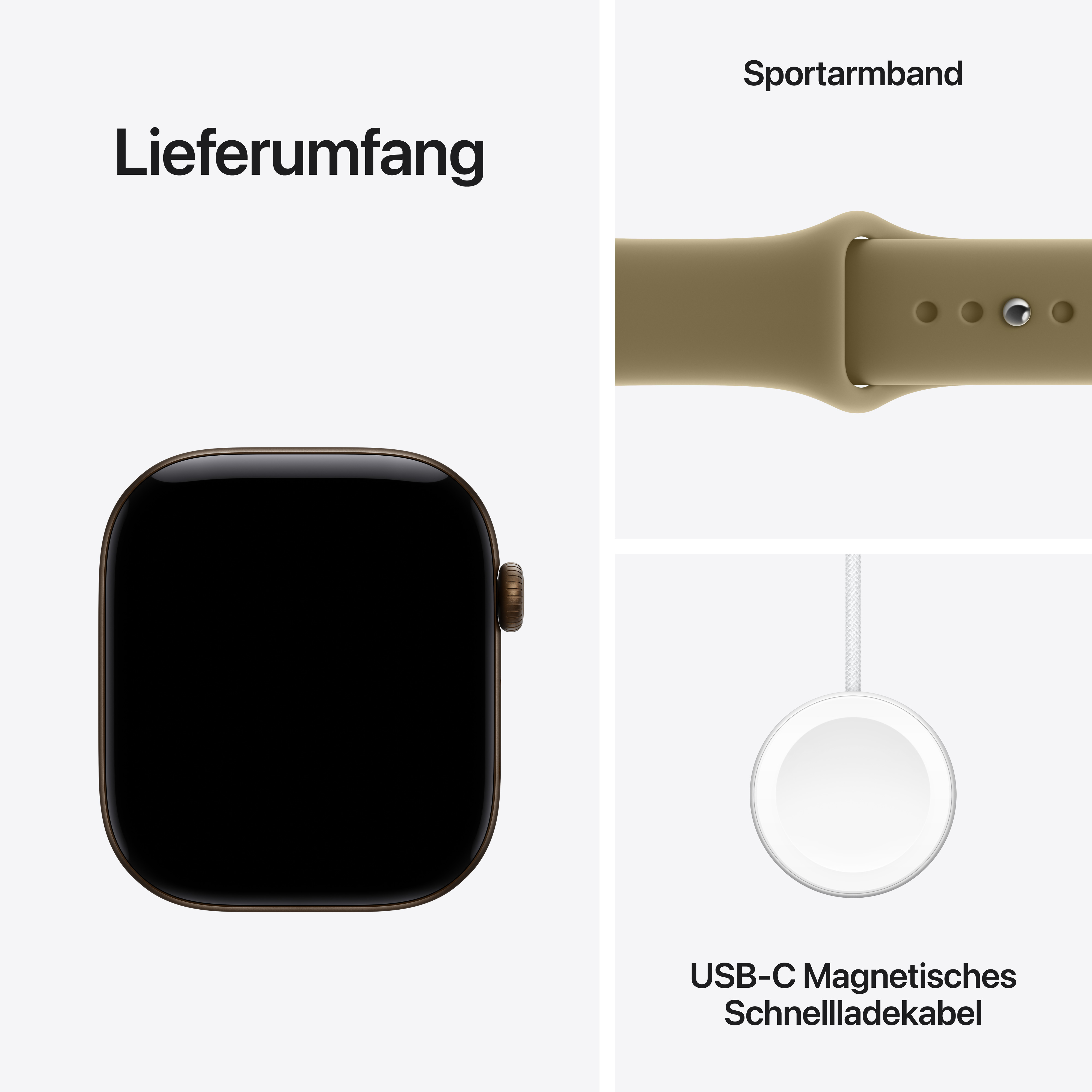 Lieferumfang: Smartwatch, Sportarmband und USB-C Magnetisches Schnellladekabel.
