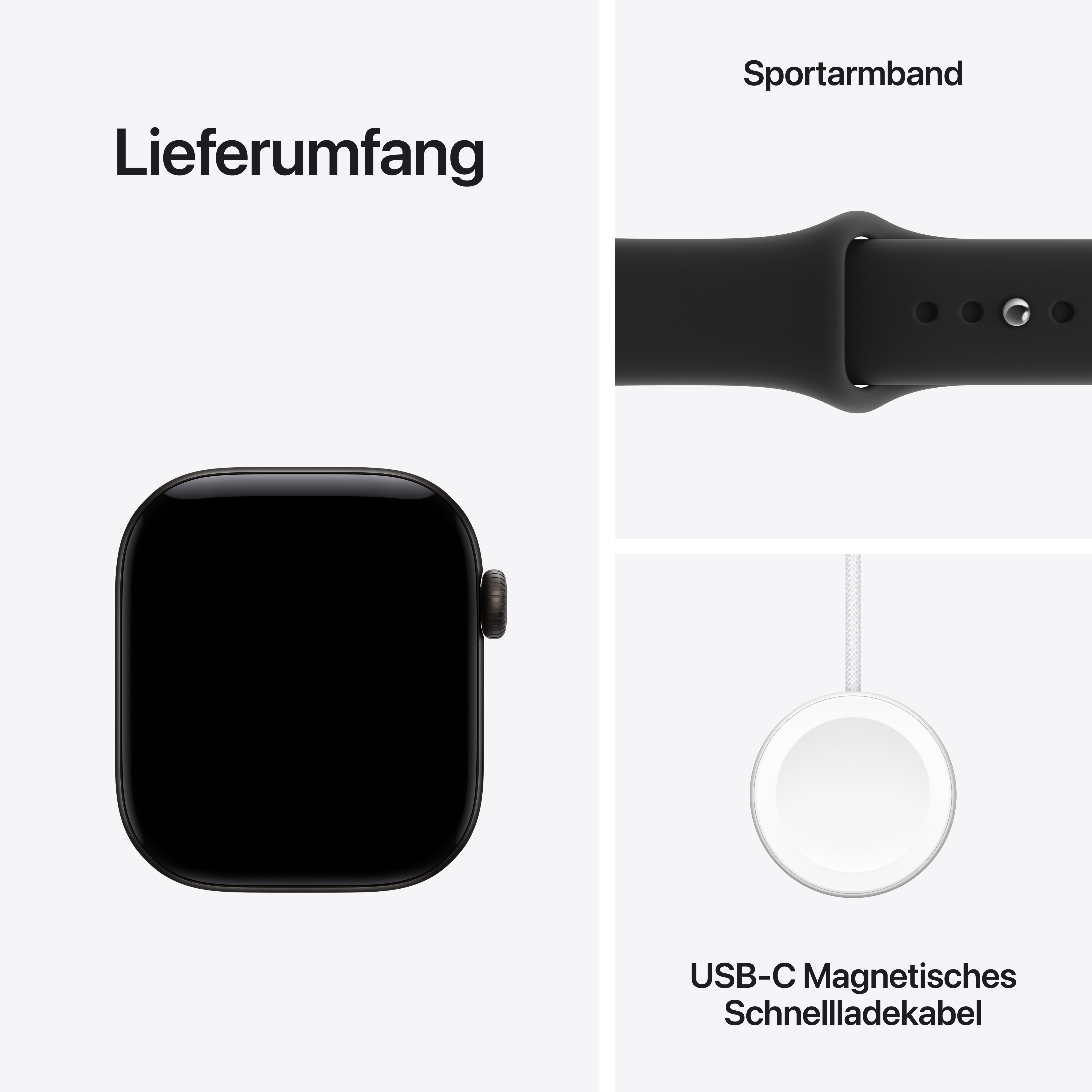 Lieferumfang: Smartwatch, Sportarmband und USB-C Magnetisches Schnellladekabel auf weißem Hintergrund.