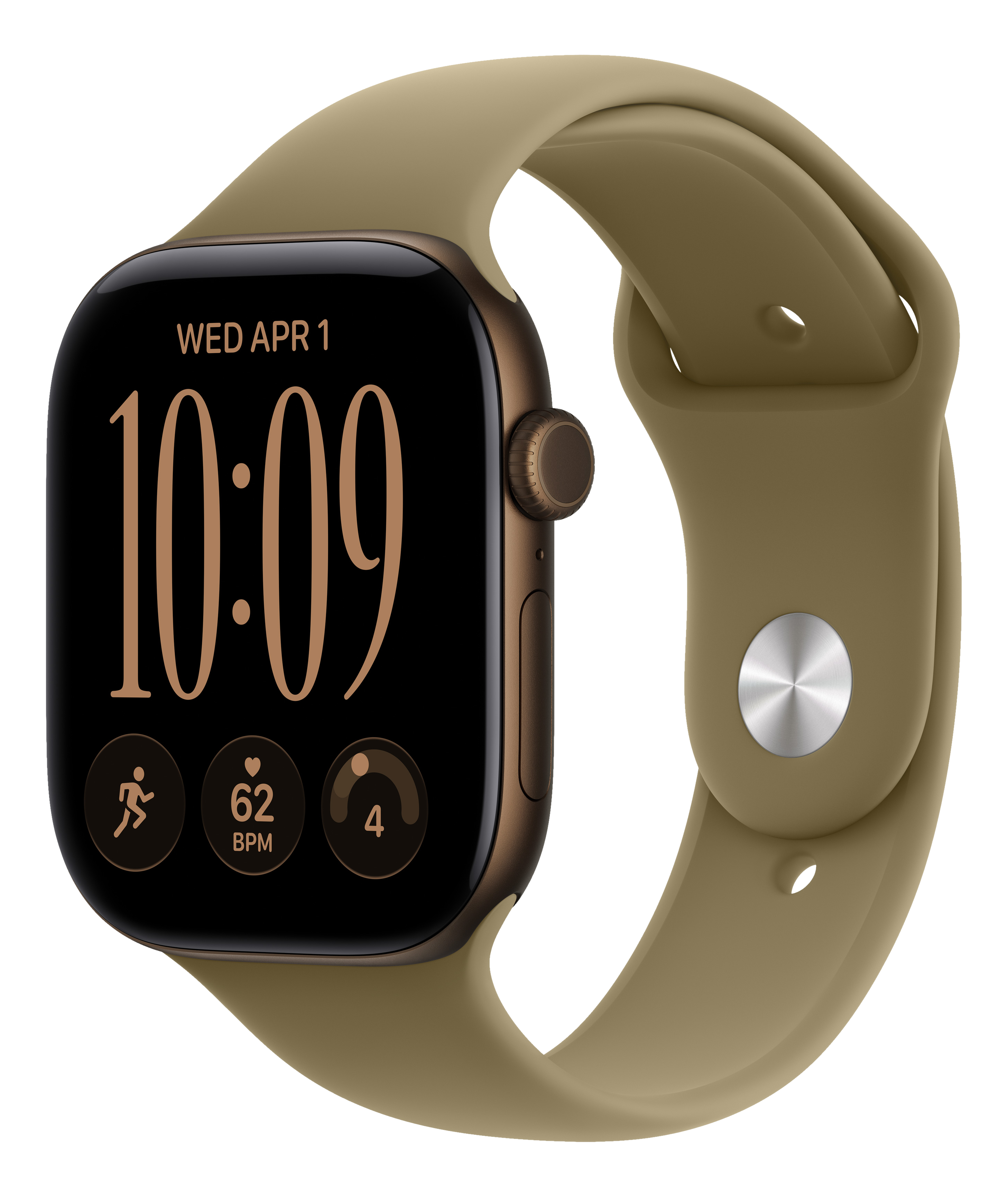 Eine bronzefarbene Smartwatch mit beigem Silikonarmband, schwarzem Zifferblatt mit digitaler Anzeige auf schwarzem Grund.