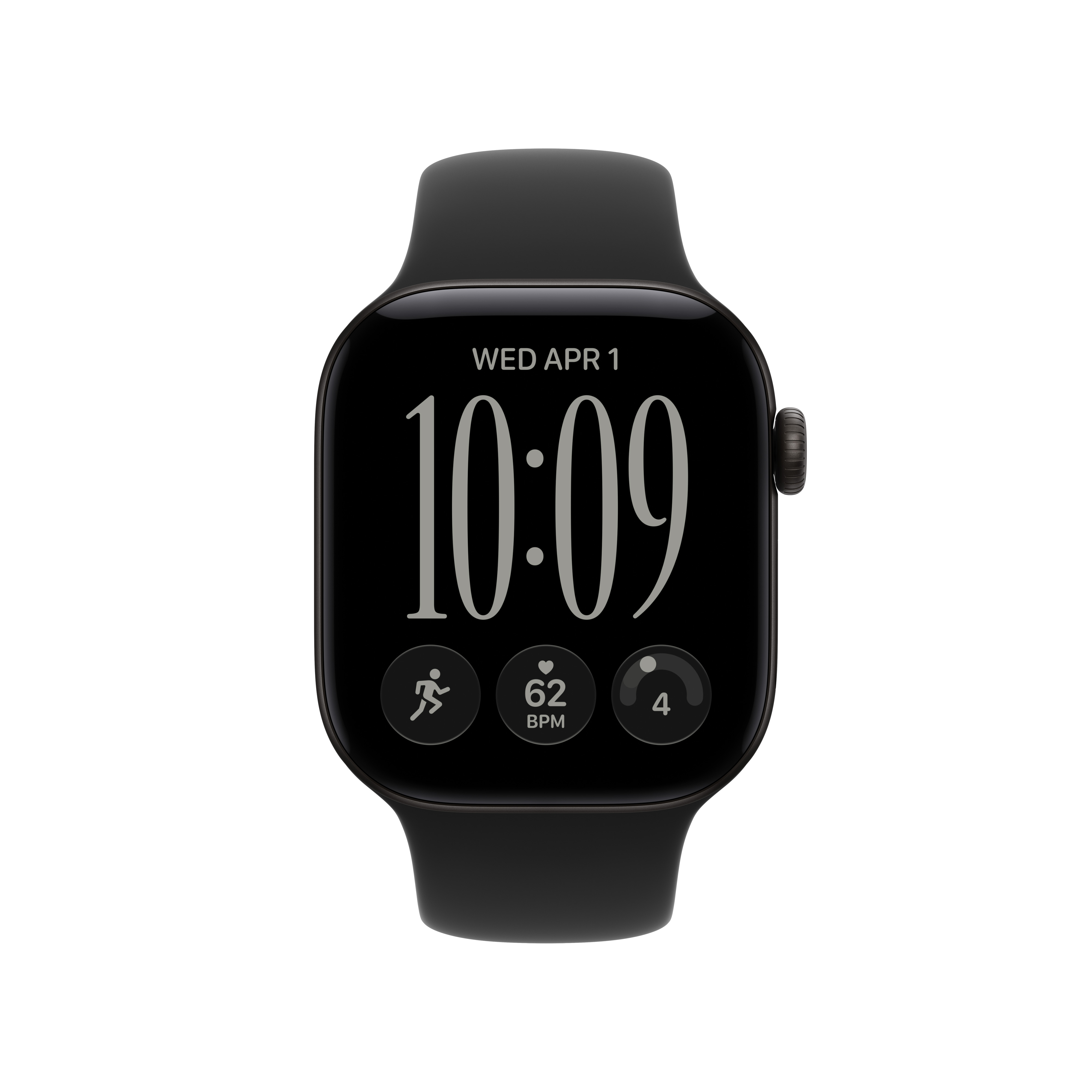 Schwarze Smartwatch mit digitalem Zifferblatt, das Uhrzeit, Datum und Fitnessdaten anzeigt.