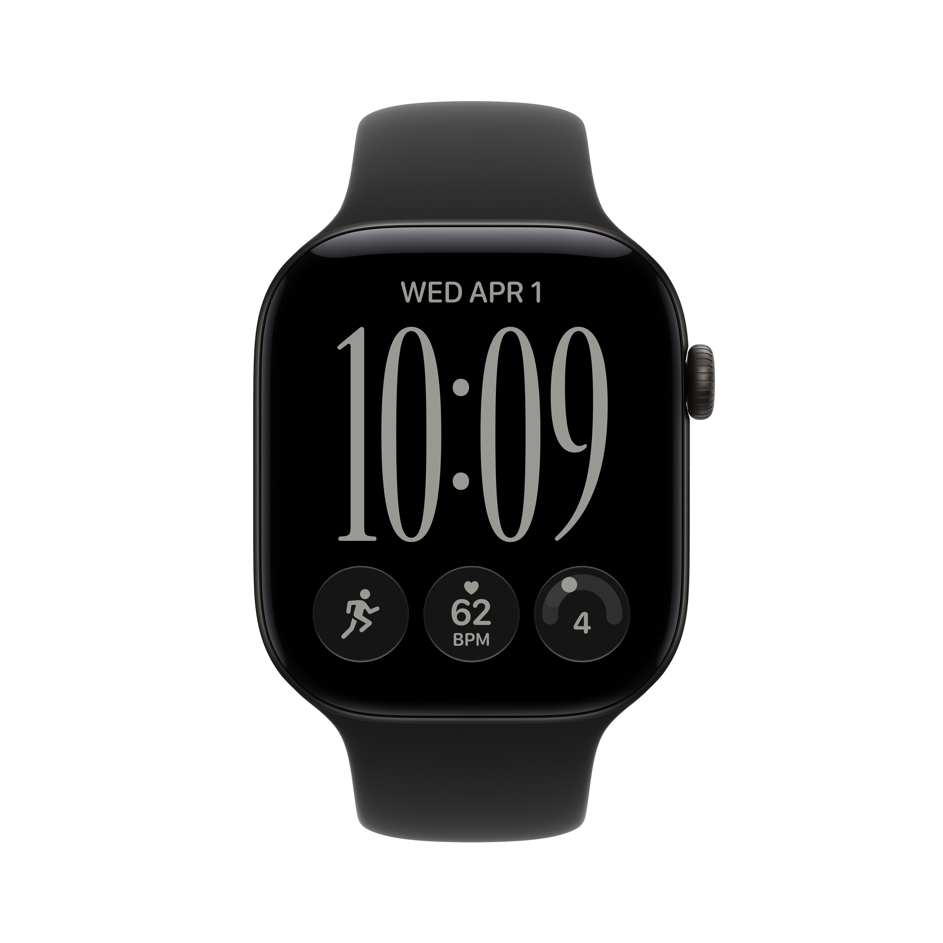 Eine schwarze Smartwatch mit digitalem Zifferblatt, Herzfrequenzanzeige und Aktivitäts-Icons auf weißem Hintergrund.