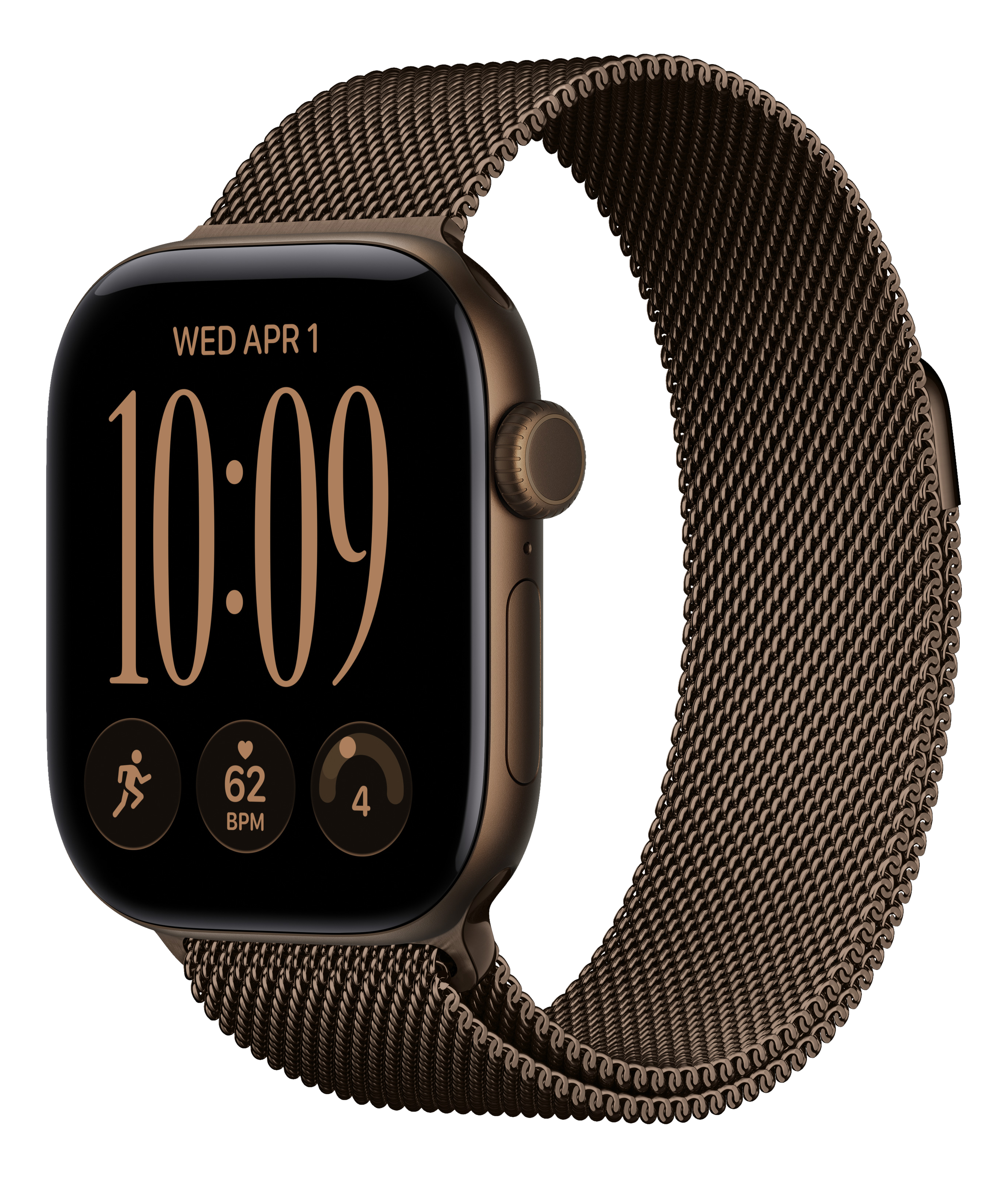 Eine bronzefarbene Smartwatch mit Milanaise-Armband und digitalem Zifferblatt auf schwarzem Hintergrund.