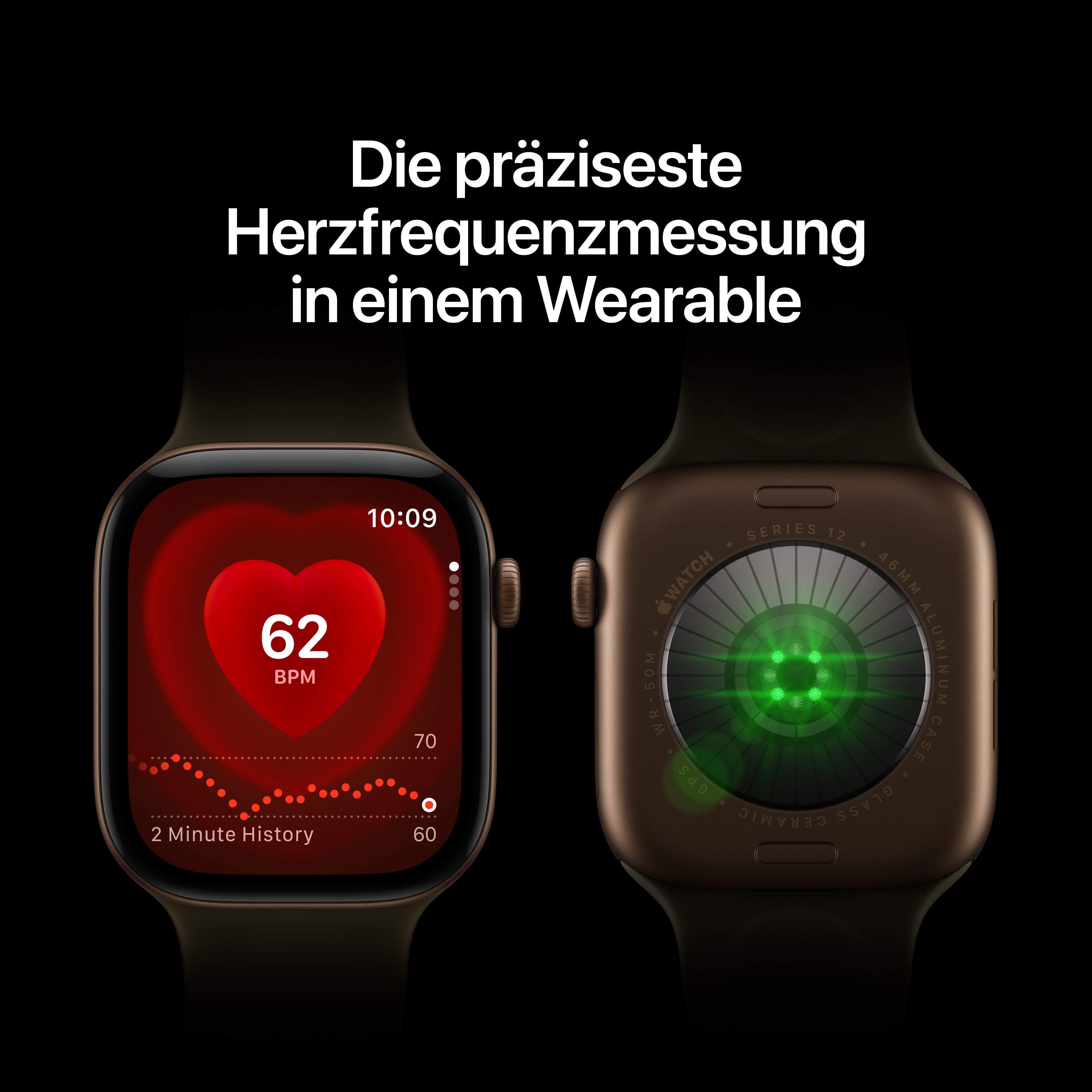 Zwei Smartwatches zeigen die Herzfrequenzmessung mit rotem Display und grünem Sensor auf der Rückseite.