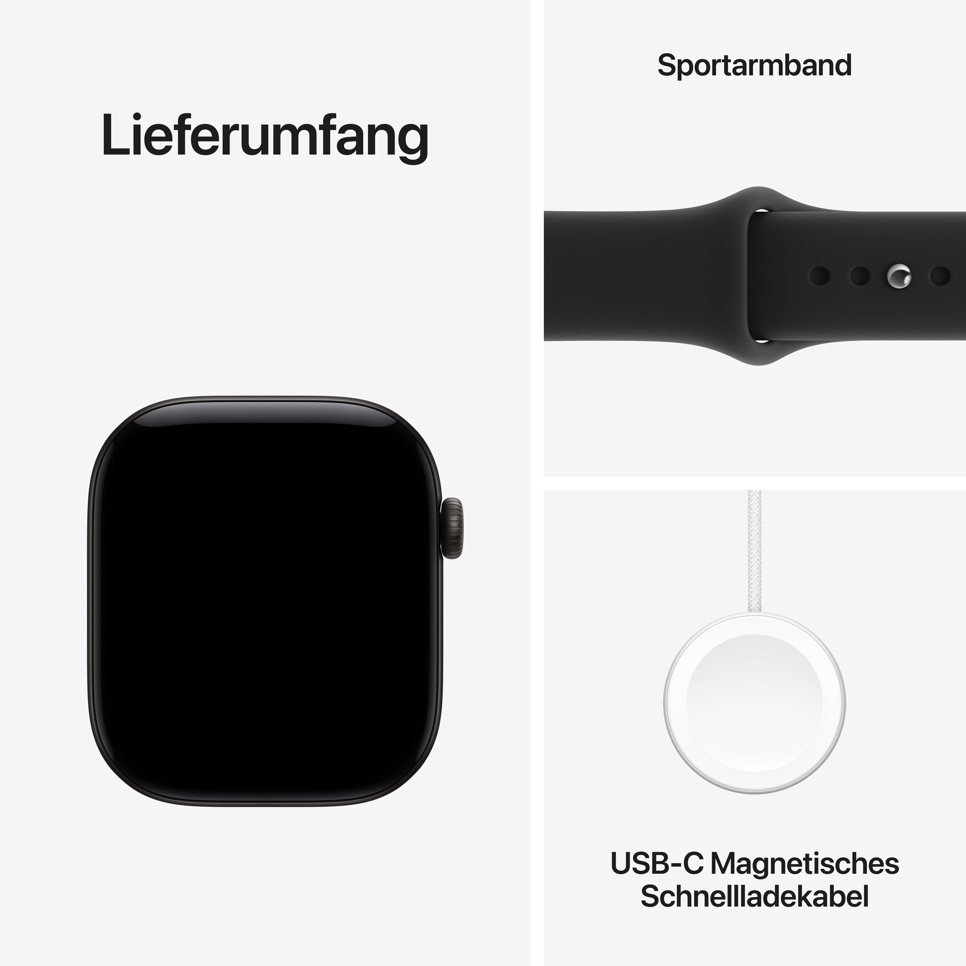 Lieferumfang: Smartwatch, Sportarmband und USB-C Magnetisches Schnellladekabel.