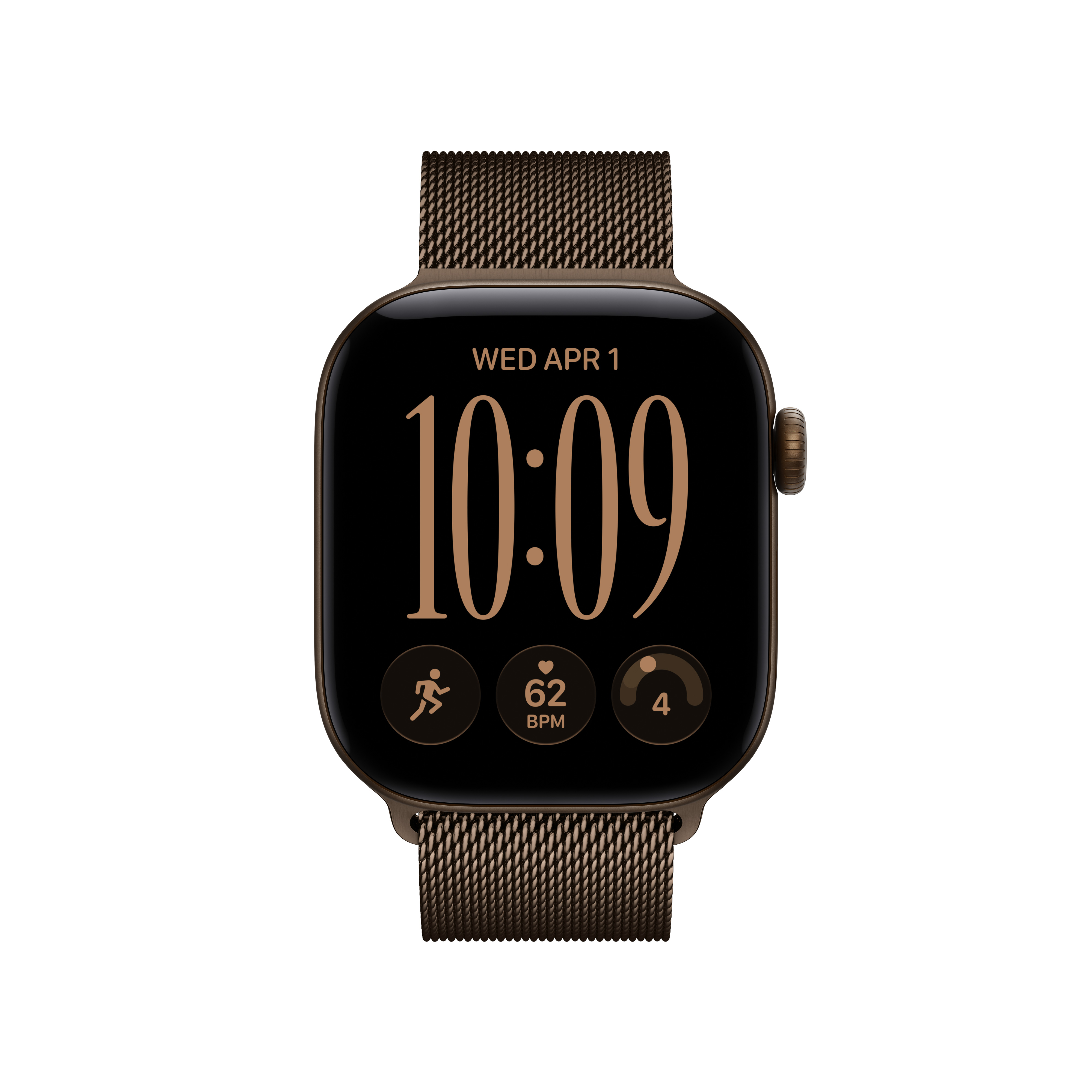 Braune Smartwatch mit Metallarmband, digitaler Zeitanzeige 10:09 und Fitness-Statistiken.
