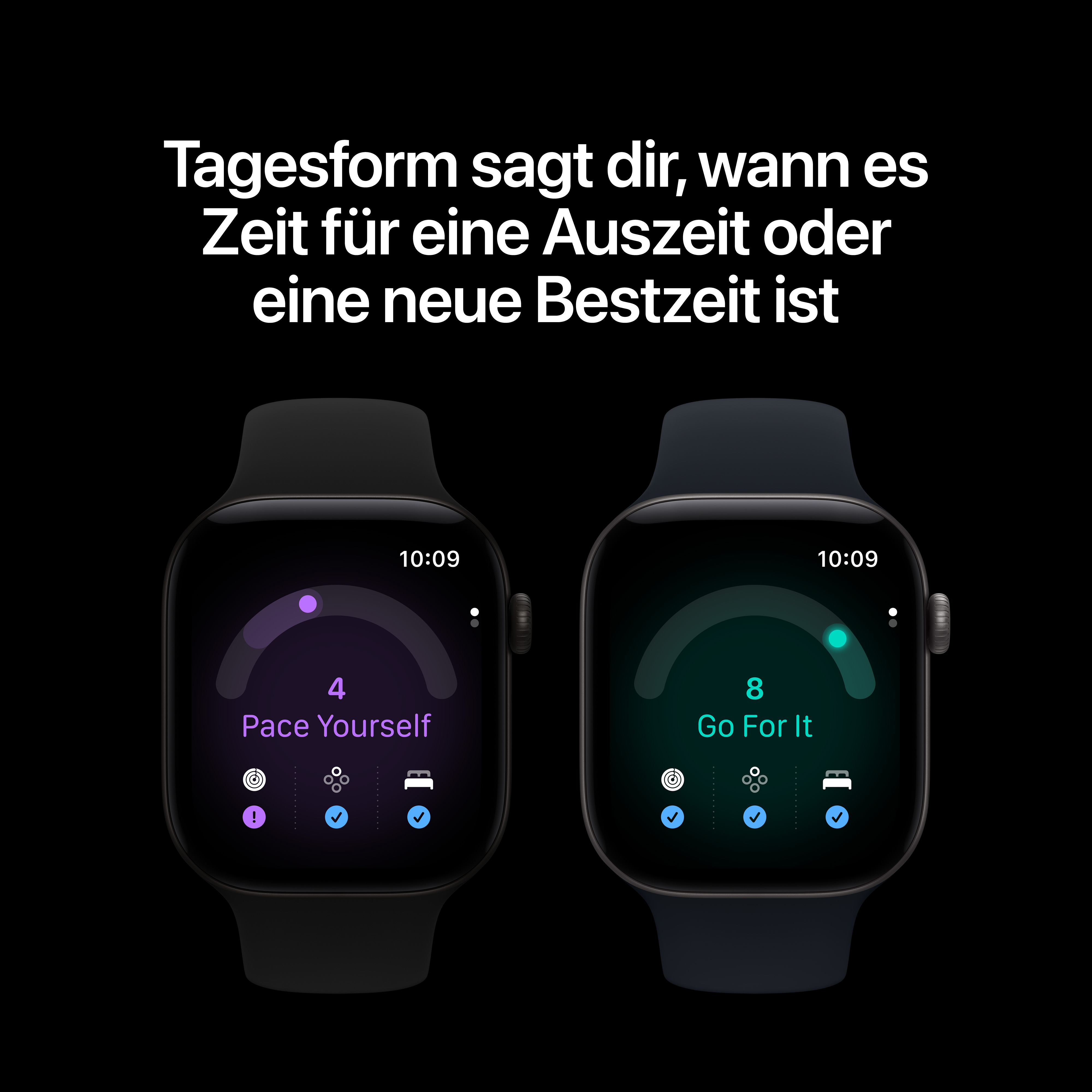 Zwei Smartwatches auf schwarzem Hintergrund zeigen Vitalswerte mit Text auf Deutsch und englische Fitness-Grafiken.
