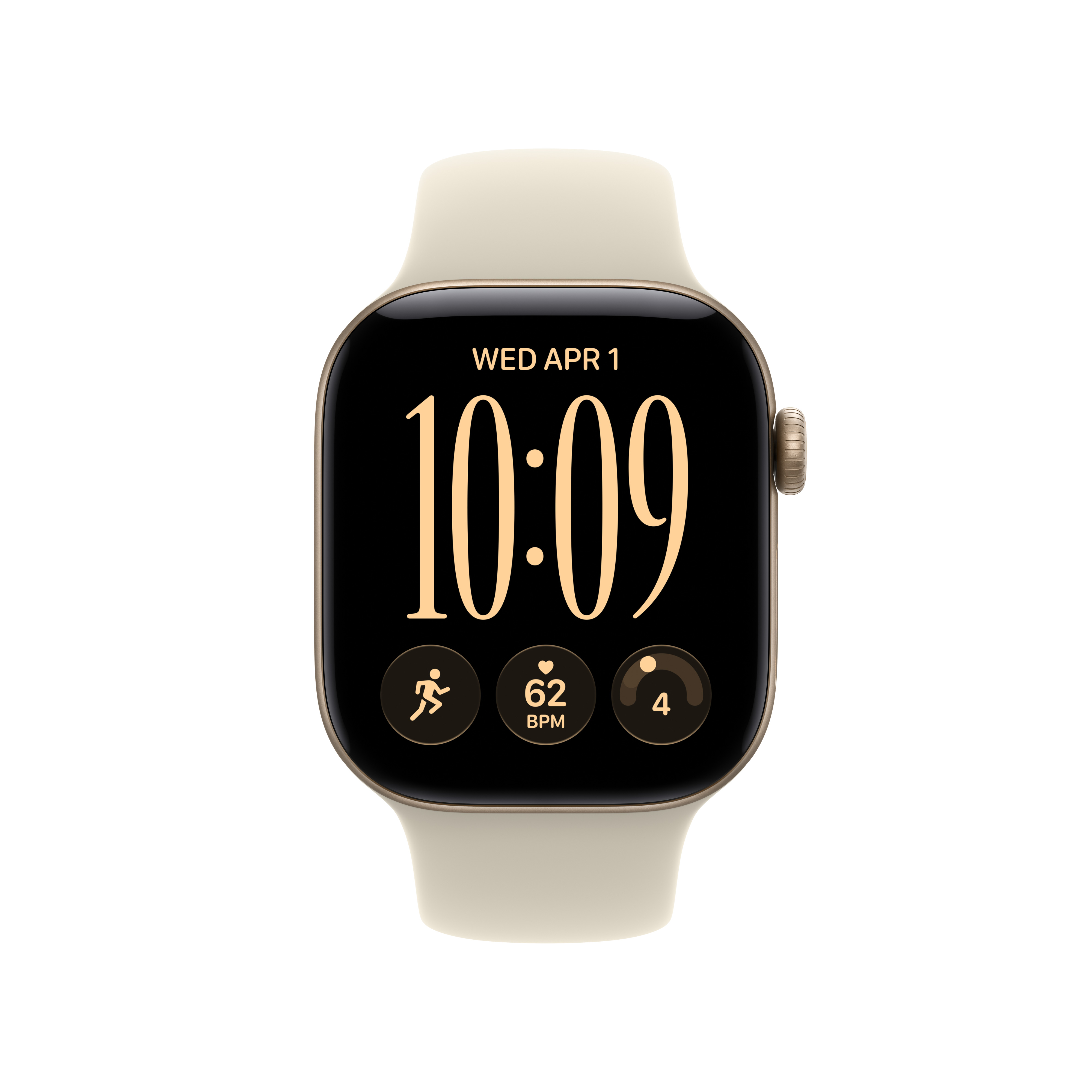 Eine cremefarbene Smartwatch mit schwarzem Display zeigt Datum, 10:09 Uhr und Aktivitäts-Icons auf weißem Grund.