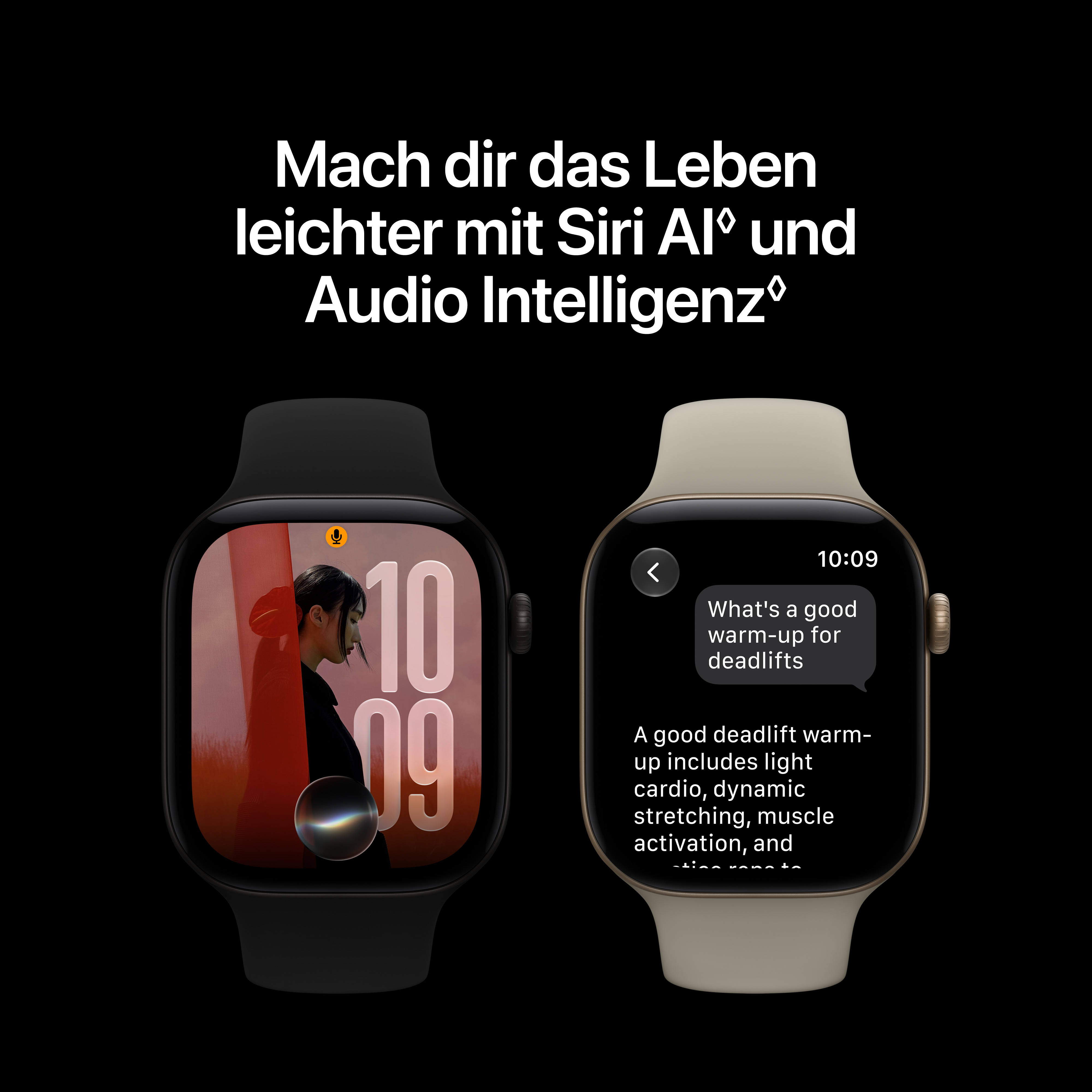 Zwei Smartwatches vor schwarzem Hintergrund mit deutschem Text oben und Siri-Audio-Nachricht auf dem rechten Bildschirm.