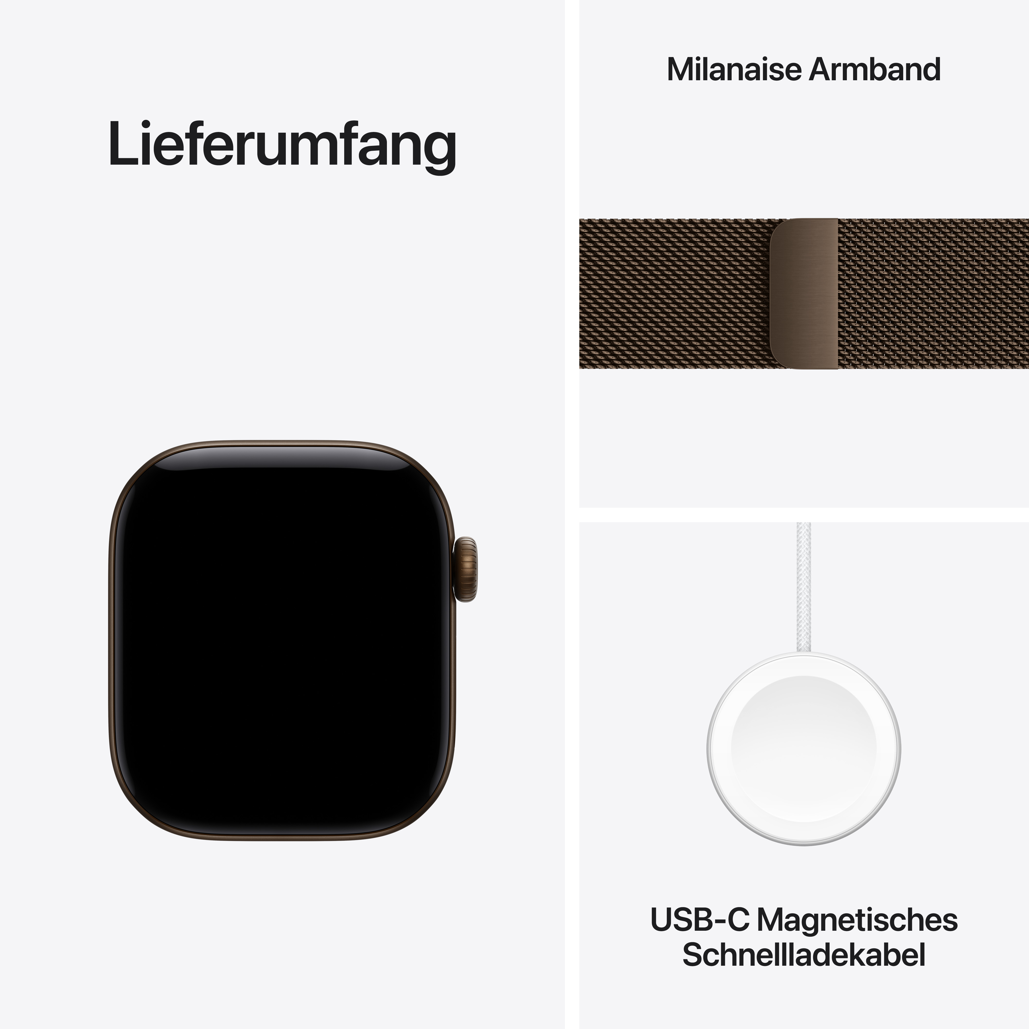 Lieferumfang: Smartwatch, braunes Milanaise Armband und USB-C Magnetisches Schnellladekabel.