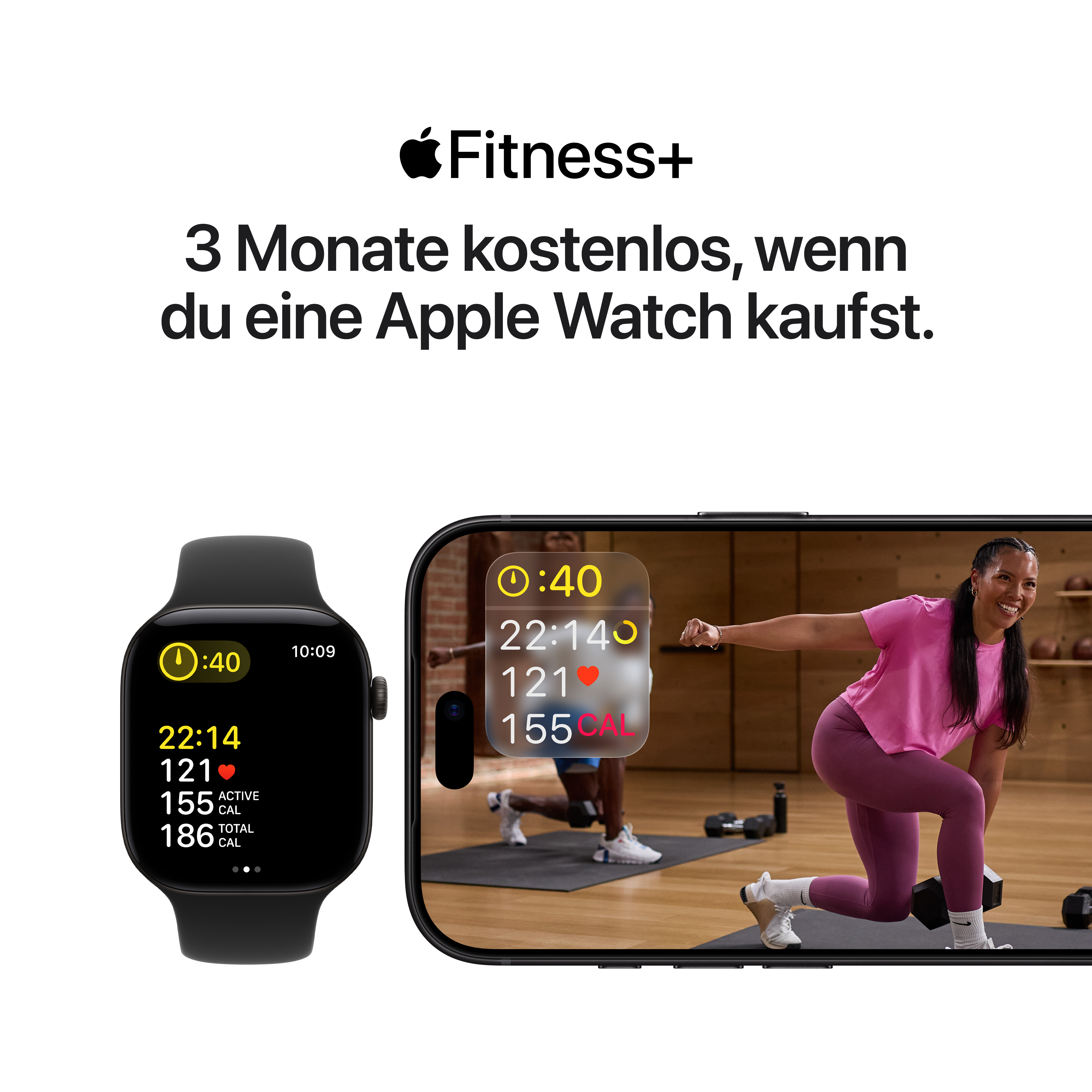 Apple Fitness+ Werbung zeigt eine Apple Watch und ein iPhone mit Workout-Daten und einer Frau beim Training.